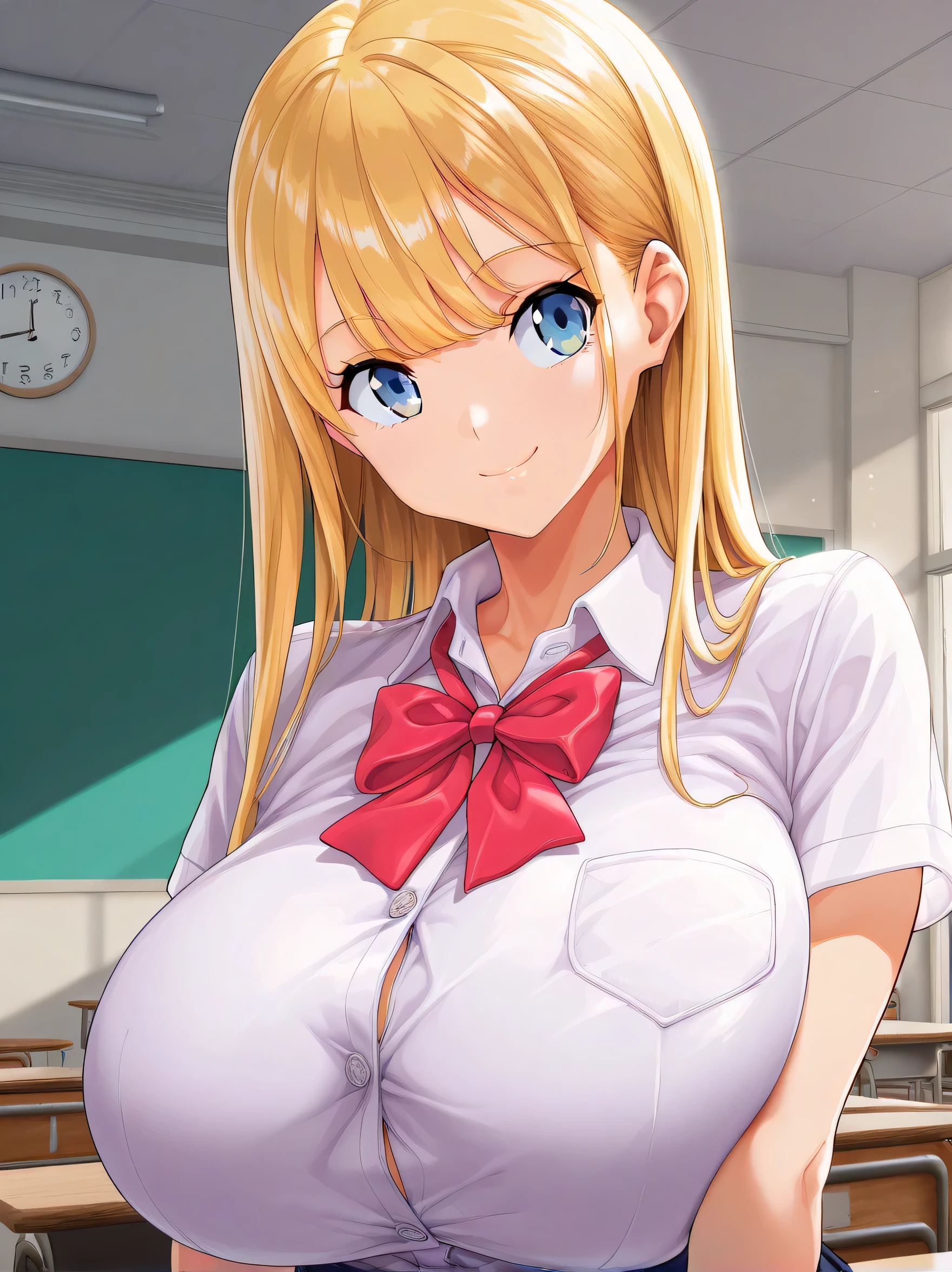 1 girl,alone,watch viewers,Front , Popup,Too Big Chewy ,hyper breasts,shirt,straight hair,upper body,Short sleeve,Closed Mouth,school uniform,school classroom,collared shirt,shirt with open chest,smile, bow tie,Front , Gold,blond hair,blue eyes,masterpiece,Best Quality,Great Quality,