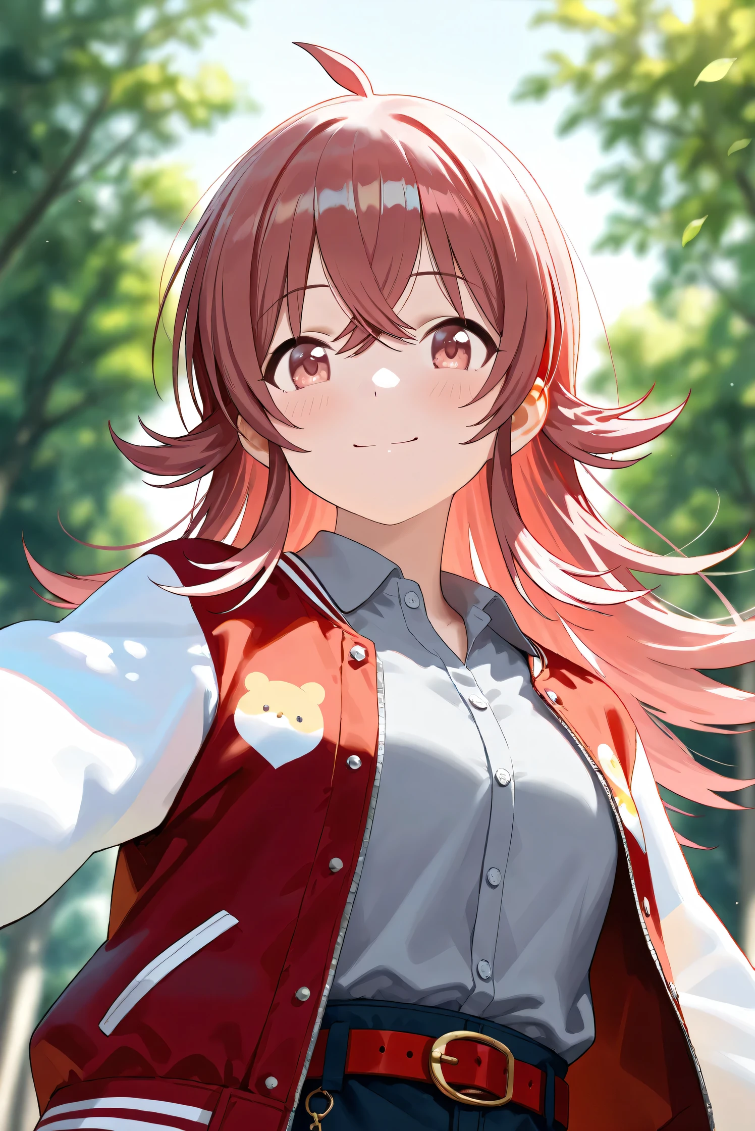 (Masterpiece), (Highest quality), (Very detailed),
(The best shape), (Best Shadow), (Absurd),
(Detailed background), (So beautiful), Shiny ,
Beautiful eyes in every detail, Extraordinary, Countershading, 8k, 32K, High resolution,
Very Detailed CG,
Score_9, Score_8_up, Score_7_up, Source_anime,
(Pastel painting:1.2), (Watercolor painting:1.2),
(Masterpiece, Detailed:1.2), (Foreshortening:1.2),
Cinematic, Dramatic, (Depth of field:1.4),
(Blurry background:1.4), (Realistic background:1.4),
(Foreshortening:1.3),Dynamic angle, From below,
1 girl,
Outdoor, Nature, Park, Wind,
Komiya Kaho, komiya kaho,
the idolmaster shiny colors,
long hair, red hair, red eyes, hair between eyes, ahoge, (medium breasts:0.7),
(Casual wear:1.3),
(Collared shirt:1.1), (Gray shirt:1.3), (Plain shirt:1.1),
Souvenir Jacket, Open jacket, Red jacket, Long sleeves, White sleeves, Plain jacket,
Hot pants, belt, red belt,
Portrait, Focus on face, Close up shot,
(Blush:1.3), Smile, Happy,
Realistic skin, Shiny skin,