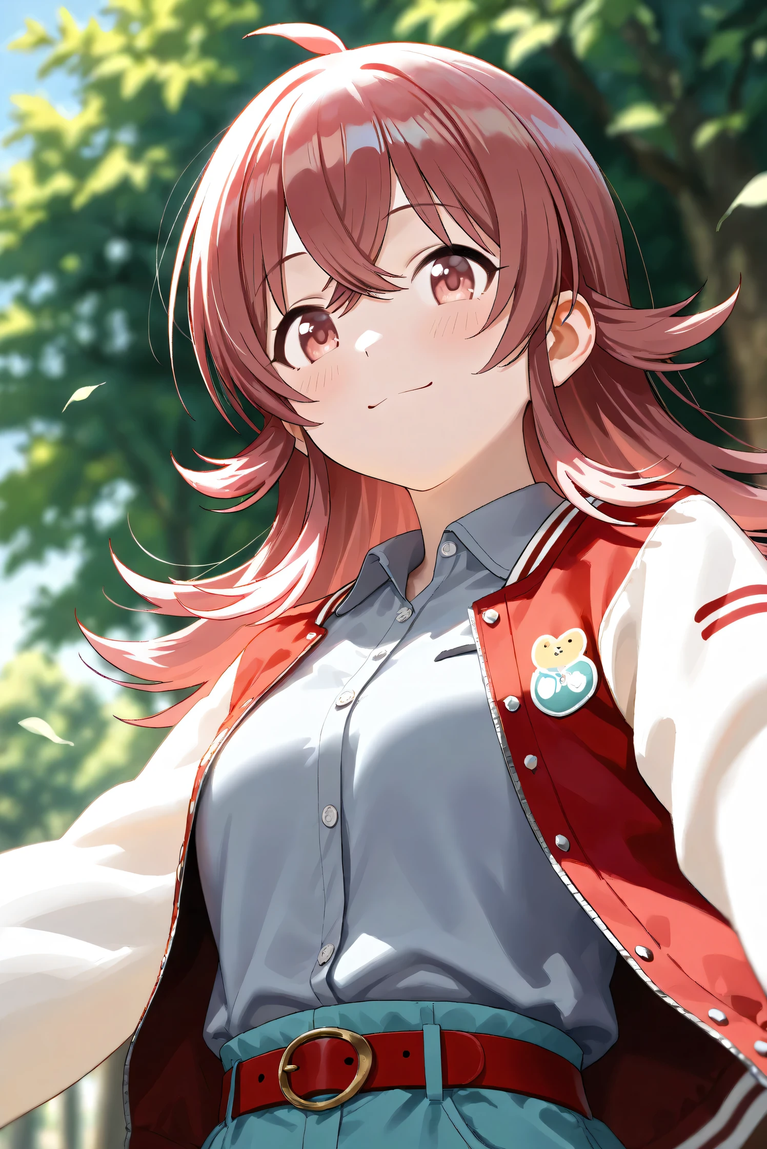 (Masterpiece), (Highest quality), (Very detailed),
(The best shape), (Best Shadow), (Absurd),
(Detailed background), (So beautiful), Shiny ,
Beautiful eyes in every detail, Extraordinary, Countershading, 8k, 32K, High resolution,
Very Detailed CG,
Score_9, Score_8_up, Score_7_up, Source_anime,
(Pastel painting:1.2), (Watercolor painting:1.2),
(Masterpiece, Detailed:1.2), (Foreshortening:1.2),
Cinematic, Dramatic, (Depth of field:1.4),
(Blurry background:1.4), (Realistic background:1.4),
(Foreshortening:1.3),Dynamic angle, From below,
1 girl,
Outdoor, Nature, Park, Wind,
Komiya Kaho, komiya kaho,
the idolmaster shiny colors,
long hair, red hair, red eyes, hair between eyes, ahoge, (medium breasts:0.7),
(Casual wear:1.3),
(Collared shirt:1.1), (Gray shirt:1.3), (Plain shirt:1.1),
Souvenir Jacket, Open jacket, Red jacket, Long sleeves, White sleeves, Plain jacket,
Hot pants, Turquoise hot pants, Belt, Red belt,
Portrait, Focus on face, Close up shot,
(Blush:1.3), Smile, Happy,
Realistic skin, Shiny skin,