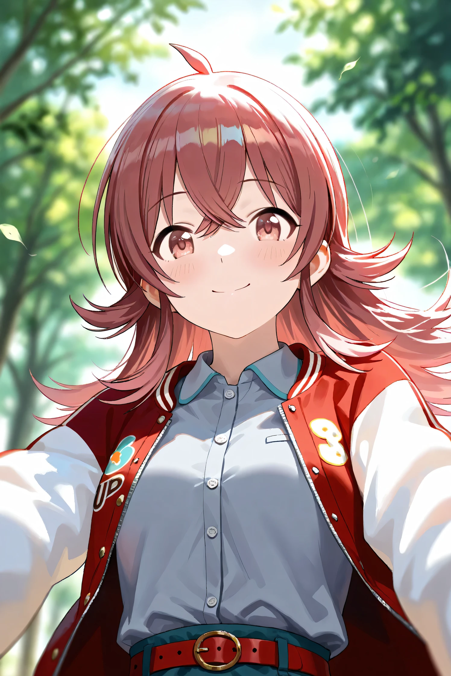 (Masterpiece), (Highest quality), (Very detailed),
(The best shape), (Best Shadow), (Absurd),
(Detailed background), (So beautiful), Shiny ,
Beautiful eyes in every detail, Extraordinary, Countershading, 8k, 32K, High resolution,
Very Detailed CG,
Score_9, Score_8_up, Score_7_up, Source_anime,
(Pastel painting:1.2), (Watercolor painting:1.2),
(Masterpiece, Detailed:1.2), (Foreshortening:1.2),
Cinematic, Dramatic, (Depth of field:1.4),
(Blurry background:1.4), (Realistic background:1.4),
(Foreshortening:1.3),Dynamic angle, From below,
1 girl,
Outdoor, Nature, Park, Wind,
Komiya Kaho, komiya kaho,
the idolmaster shiny colors,
long hair, red hair, red eyes, hair between eyes, ahoge, (medium breasts:0.7),
(Casual wear:1.3),
(Collared shirt:1.1), (Gray shirt:1.3), (Plain shirt:1.1),
Souvenir Jacket, Open jacket, Red jacket, Long sleeves, White sleeves, Plain jacket,
Hot pants, Turquoise hot pants, Belt, Red belt,
Portrait, Focus on face, Close up shot,
(Blush:1.3), Smile, Happy,
Realistic skin, Shiny skin,