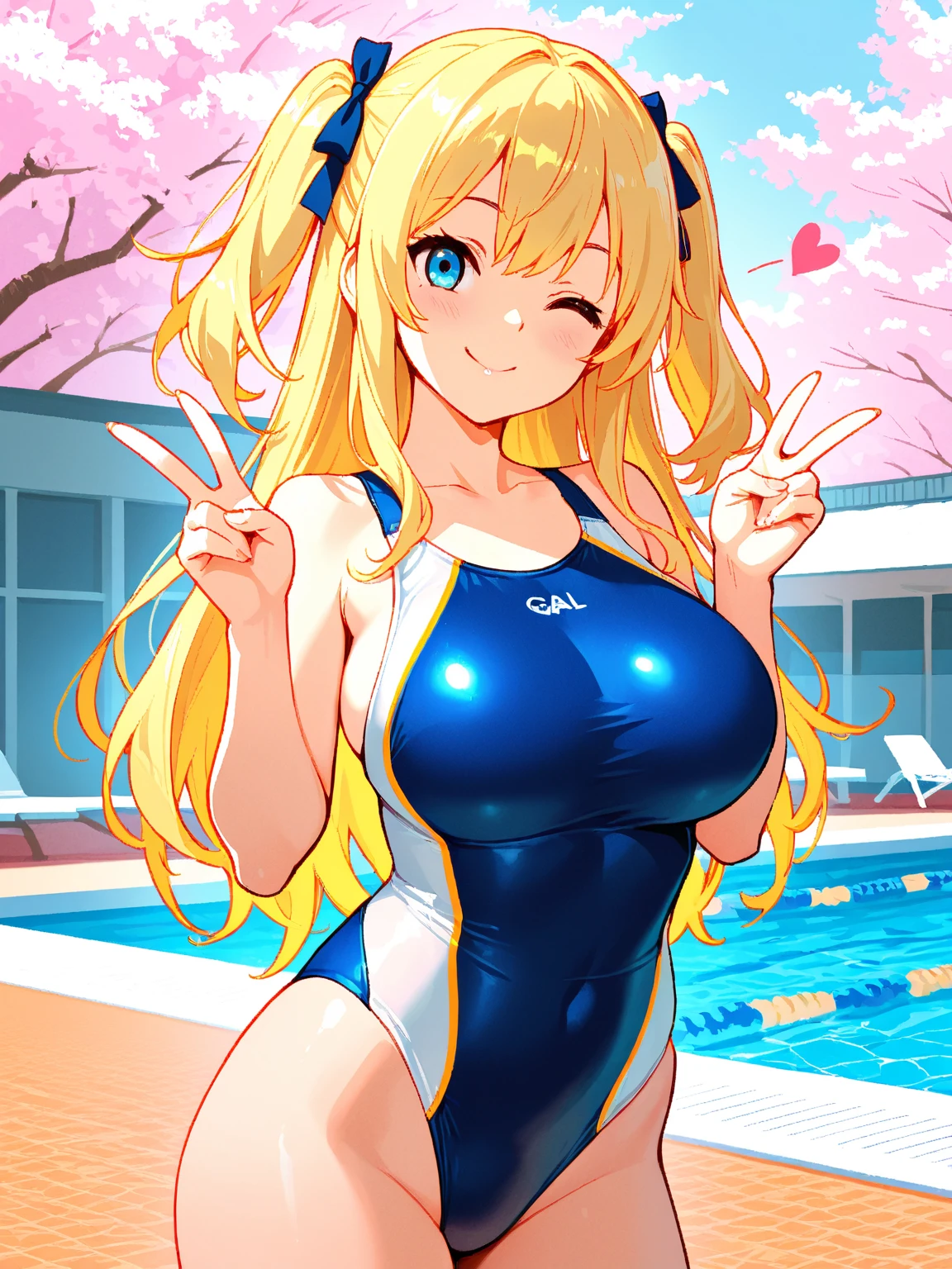 (White background, 1girl:1.4), BREAK,Long blonde hair, blue eyes,Narrow waist,voluptuous Breasts,(one-piece competitive swimwear,one-piece competition swimsuit:1.6), blush,Open your mouth,(covered nipples:1.2)
