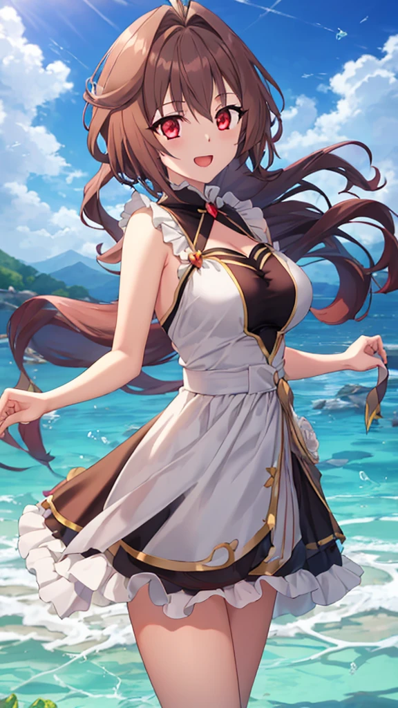 (Masterpiece, Top quality: 1.5), (1 girl, solo), large breasts, standard weight, (brown hair:1.3), (airy hair, wavy hair), long hair ,asymmetry bangs, swept bangs, 16 year old, smile:1.4, flustered:1.3, (dynamic angle:1.3), (dynamic pose:1.3), magnificent panorama view, happy:1.2, open mouth, summer:1.3,  __items__ __items__ __items__, Various clothes with many gorgeous and colorful decorations, Various Situations:1.2