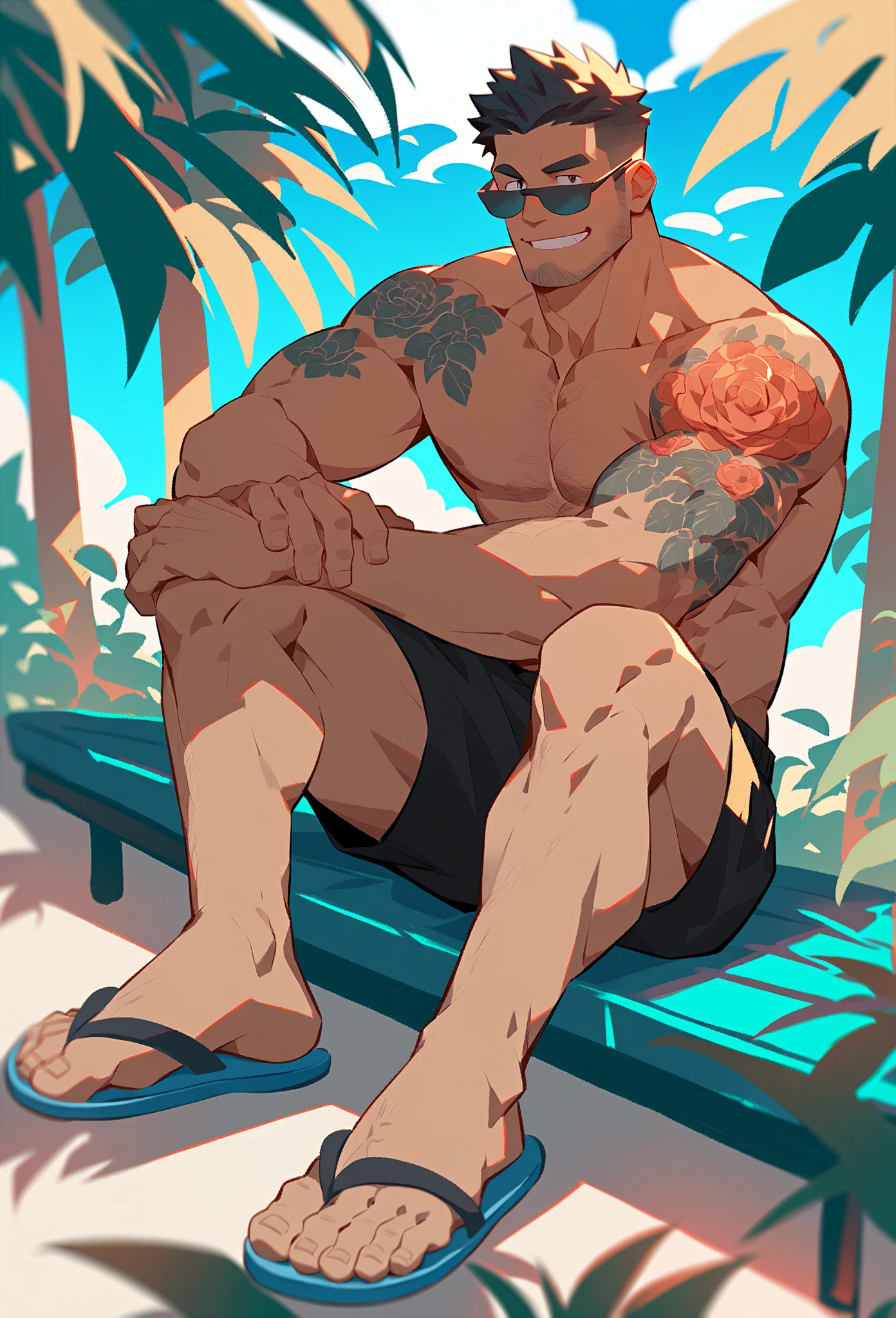 wani wani panic, manly, dynamic angle, hairy chest, armpit, stubble, bara, laughing, looking at viewer, expressive, legs spread, bulge, sitting in beach chair, (buzzcut, goatee, gray eyes, open patterned hawaiian shirt), smirk, swimming trunks, sandals, leaning back, cord bracelet, silver necklace, beach, chill atmosphere, night, starry sky,