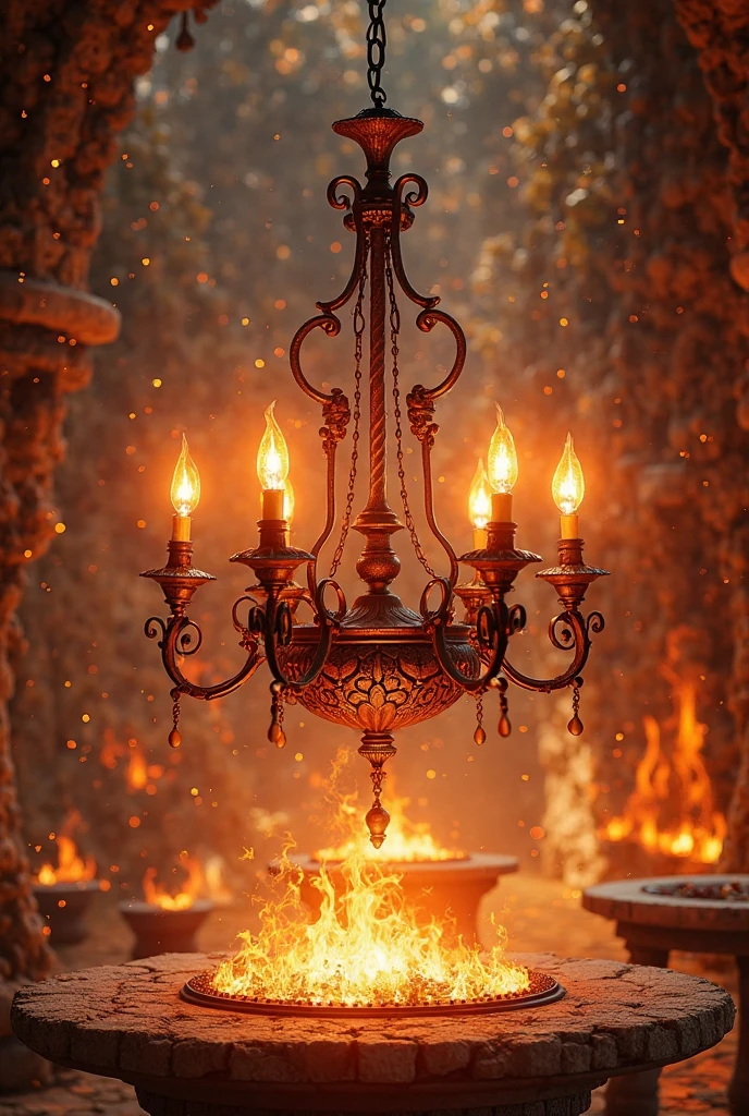 Make a fire table Chandelier, on a back ground with embers and flames