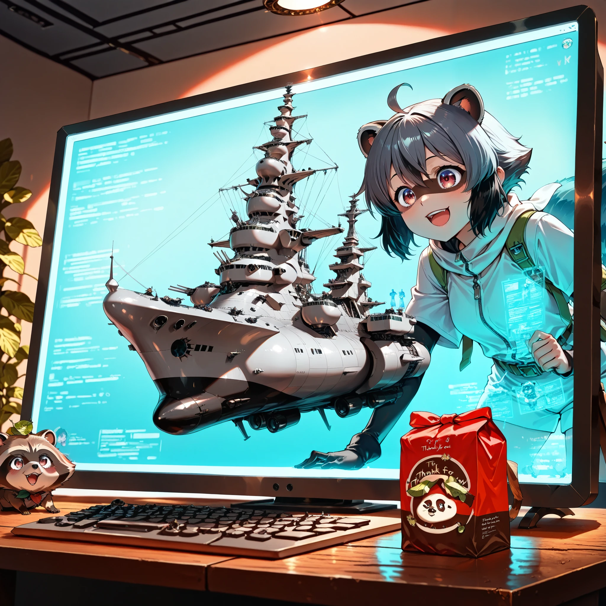 ((Best Quality)),( super high definition),(Super detailed),( detailed description ),((The best CG)),(masterpiece), Space Battleship,TQ - Miniature Worlds In Bottles,
(pop up at the top of the screen,「thank you for 3k」hologram」)
,(Raccoon appreciates the large font of the)