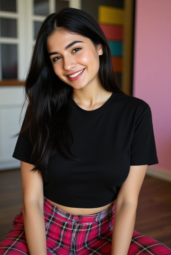 a young latina woman, with black hair that falls over her shoulders, she is wearing a black t-shirt, she takes a selfie, she is holding a credit card in her right hand 