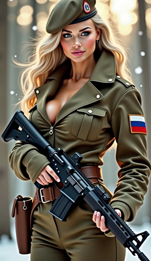 beautiful Sofia Vergara posing as a worls war 2 diesel punk army officer, black leather german uniform, wearing leather army hat, photo referenced, highest quality, high quality, (detailed face and eyes), dusk lighting, high boots, strong makeup, industrial, outdoor snow forest background <lora:Sofia Vergara:0.9>