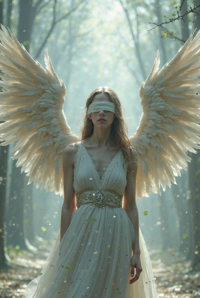 woman with a mask covering her face, with wings flying