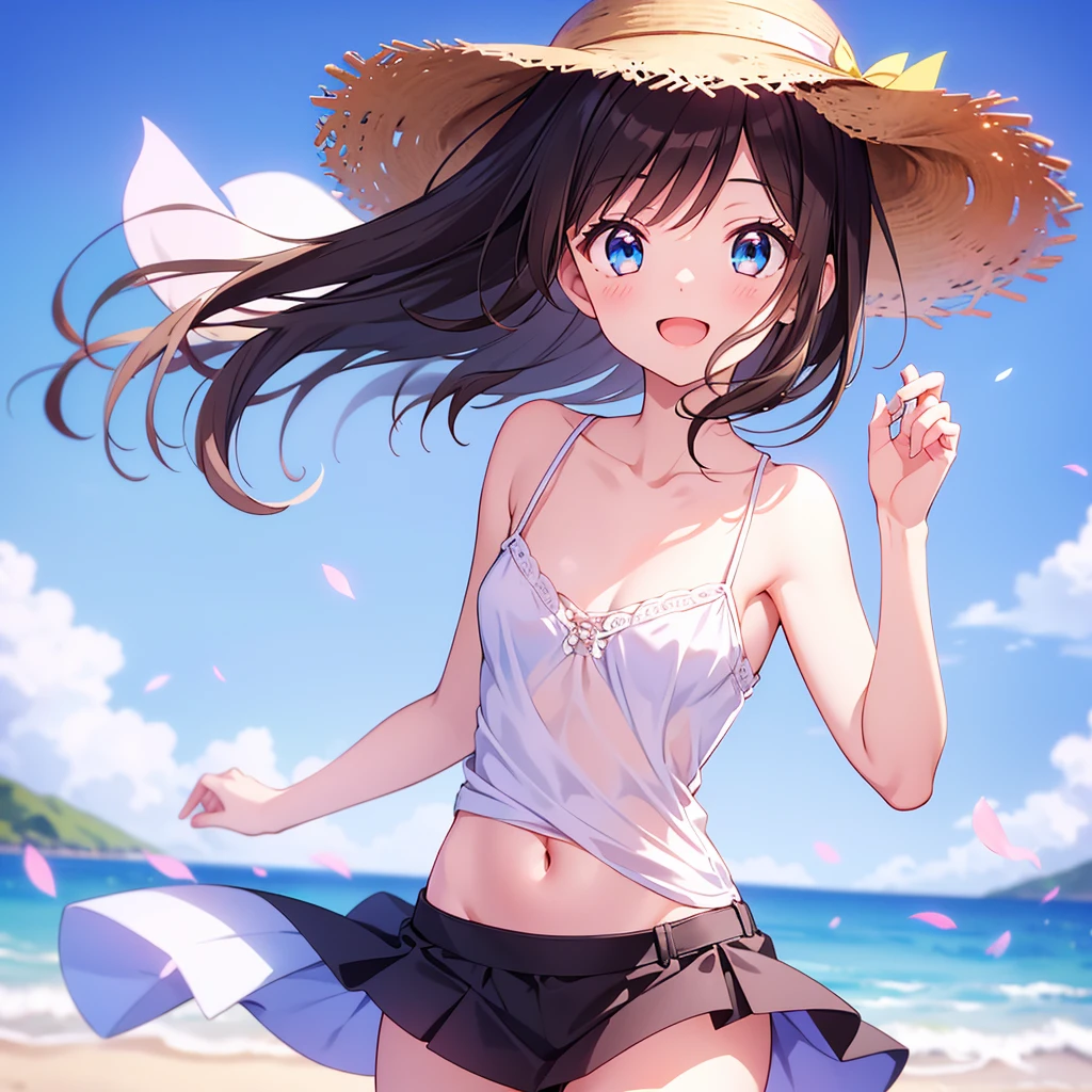 realistic, cg, 8k, masterpiece ,best quality,frilled bikini, white bikini,floral print,small breast , 1girl ,solo, intricate eyes, golden eyes , medium hair, black hair , beach , on water , happy, erotic , alluring face , sitting, looking at viewer, outdoors, sunny day , sun , depth of field, blurry background <lora:frilled_bikini:0.8>