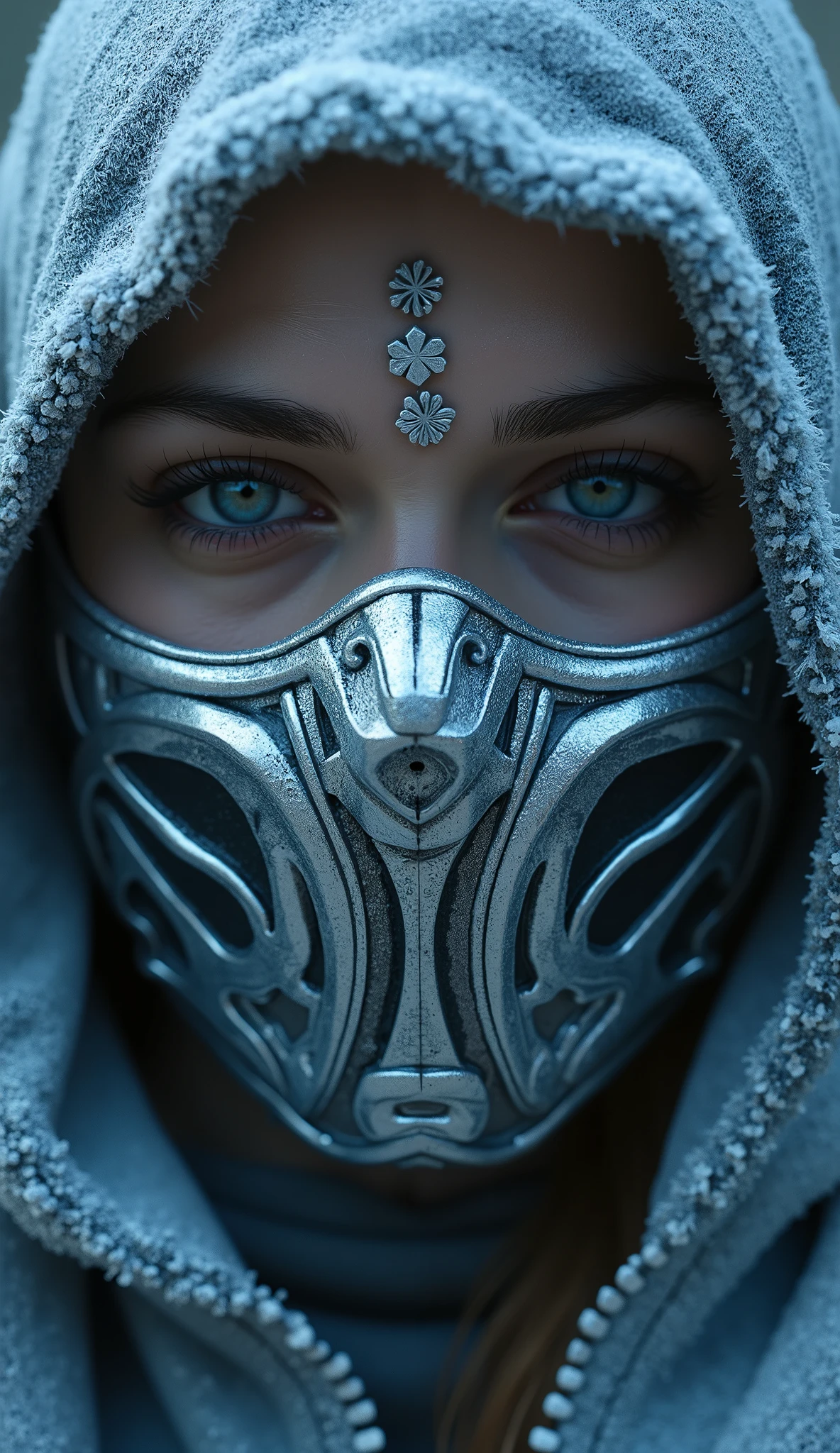 Hyper-realistic photographic style. as frost woman mortal kombat. Close-up do rosto. Extremely realistic branca mask and silver metalico details mask closed in the mouth. flawless skin texture. Bottom: dense forest, Greg Rutkowski style . dramatic lighting. 8k. 8k, rendered in Unreal Engine 5 realistic background Ultra-detailed textures, Cinematogr lighting