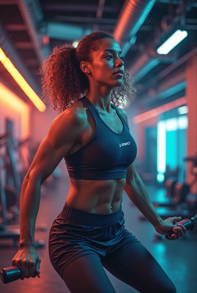 Create a dynamic and energetic poster featuring bold, modern typography with the title 'Ultimate Workout Playlist'. Use vibrant colors like electric blue, neon green, and fiery red. Incorporate abstract elements such as sound waves, fitness icons (dumbbells, sneakers, etc.), and geometric shapes to convey movement and intensity. Background can be a gradient or a burst of light to enhance the high-energy feel. No people in the image