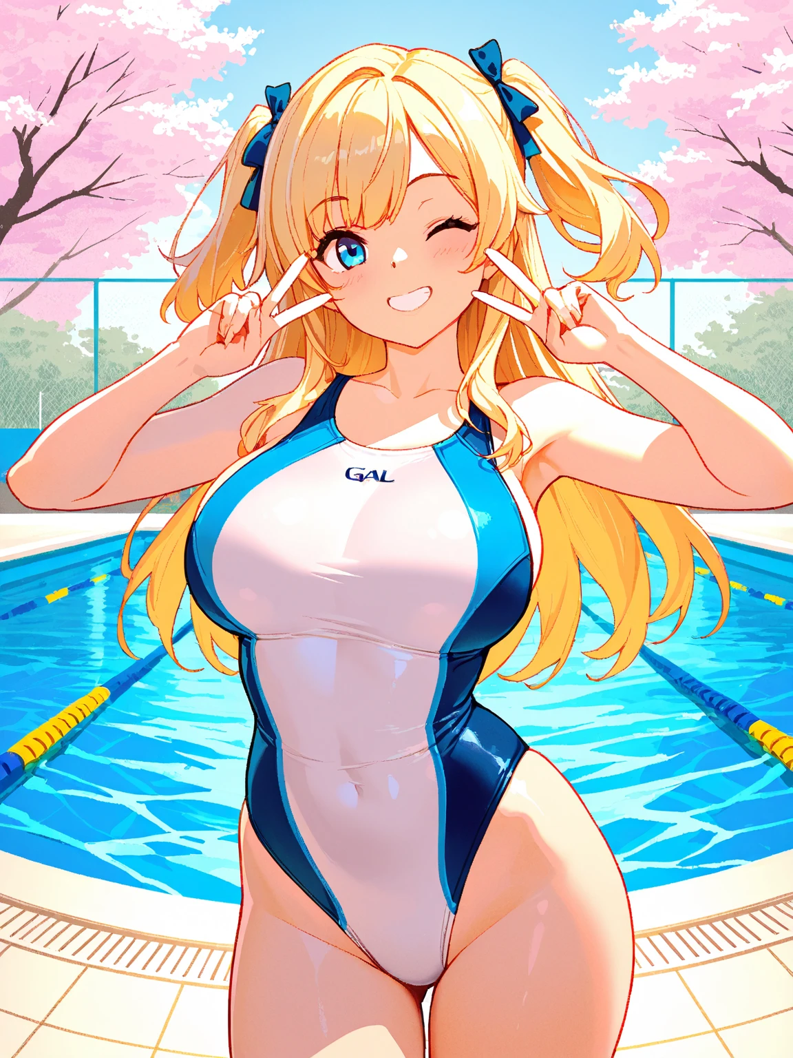 (masterpiece:1.3), (Best Quality:1.3), (Ultra-detailed:1.2), ((kawaii)), Cute, (lovely), ((sexy)), ((Extremely detailed)), 4K, (8K), Best Quality, (Beautiful), Illustration, anime style, (bold line:1.2), Gradation, full body, //, (open stance:1.2), double peace, //, a cute girl, 1girl, , (solo:1.2), pink-skinned, //, huge breasts, disproportionate breasts, (Perfect eyes:1.2), (Perfect iris:1.2), //, Twin-tails hair style, Blonde hair color, (beautiful eyes) //, (sexual expression:1.2), (ahegao:1.3), (laughing), smile, //, abstract art (school swimsuit), //, (Pastel blue based cute zentangle heart pattern background:1.3), (zentangle background), abstract background art