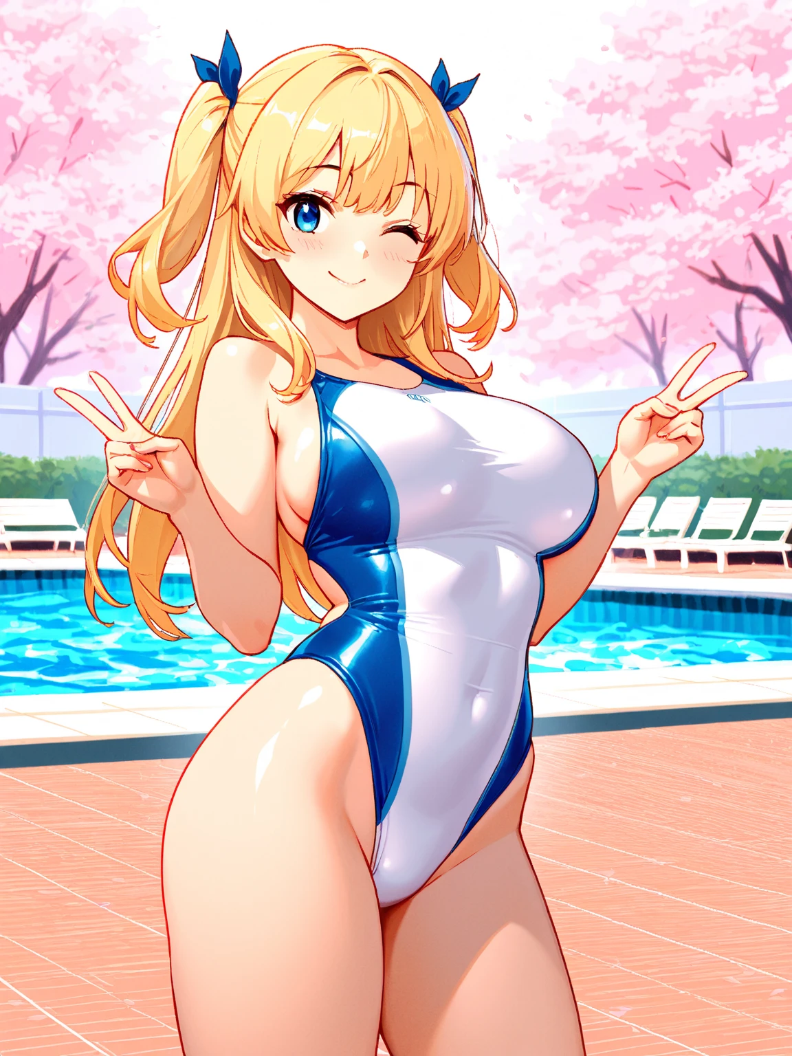 amy, ponytail, bangs, long hair, fox ears, fox tail, thick thighs, breasts, 1girl, wide hips, large breasts, blonde hair, smile, ponytail, tan, one-piece swimsuit, black one-piece swimsuit, competition swimsuit, blue trim, pool, poolside, happy