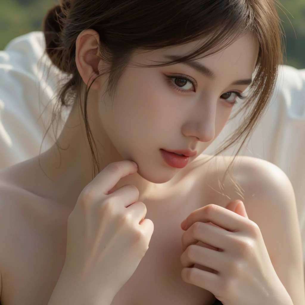 (masterpiece), best quality, beautiful detailed hair detailed face, ultra high res, sharp focus, ((1 woman, solo)) ( conflicted position:1.5) whole body, very long shot, wide angle, perfect feminine face, in the grass, deep forest, dark light, lying down on the grass, chesnut brown hair, long hair, (close eyes:1.2) (comfortable sleeping face:1.5), Beside her there is an apple that has been bitten:1.5 , (many red apple) forest light, Perfectly drawn eyes, ((enchanted forest:1.1)), In a mysterious forest, soft sunlight, settle down, woodland plant necklace, ((clavicle)), Flowing wavy hair, The forest wind caresses your hairr