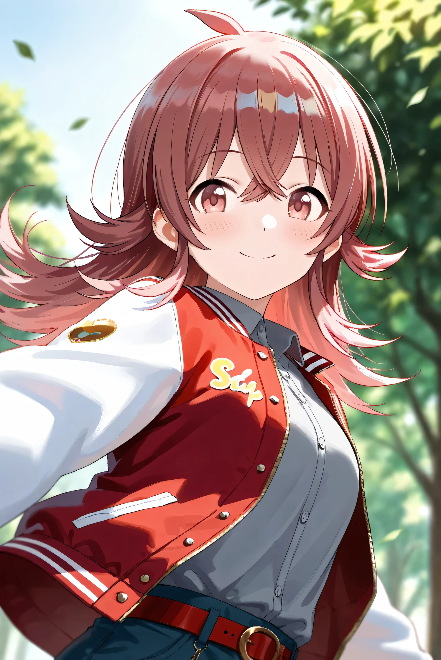 (Masterpiece), (Highest quality), (Very detailed),
(The best shape), (Best Shadow), (Absurd),
(Detailed background), (So beautiful), Shiny ,
Beautiful eyes in every detail, Extraordinary, Countershading, 8k, 32K, High resolution,
Very Detailed CG,
Score_9, Score_8_up, Score_7_up, Source_anime,
(Pastel painting:1.2), (Watercolor painting:1.2),
(Masterpiece, Detailed:1.2), (Foreshortening:1.2),
Cinematic, Dramatic, (Depth of field:1.4),
(Blurry background:1.4), (Realistic background:1.4),
(Foreshortening:1.3),Dynamic angle, From below,
1 girl,
Outdoor, Nature, Park, Wind,
Komiya Kaho, komiya kaho,
the idolmaster shiny colors,
long hair, red hair, red eyes, hair between eyes, ahoge, (medium breasts:0.7),
(Casual wear:1.3),
(Collared shirt:1.1), (Gray shirt:1.3), (Plain shirt:1.1),
Souvenir Jacket, Open jacket, Red jacket, Long sleeves, White sleeves, Plain jacket,
Hot pants, Turquoise hot pants, Belt, Red belt,
Portrait, Focus on face, Close up shot,
(Blush:1.3), Smile, Happy,
Realistic skin, Shiny skin,