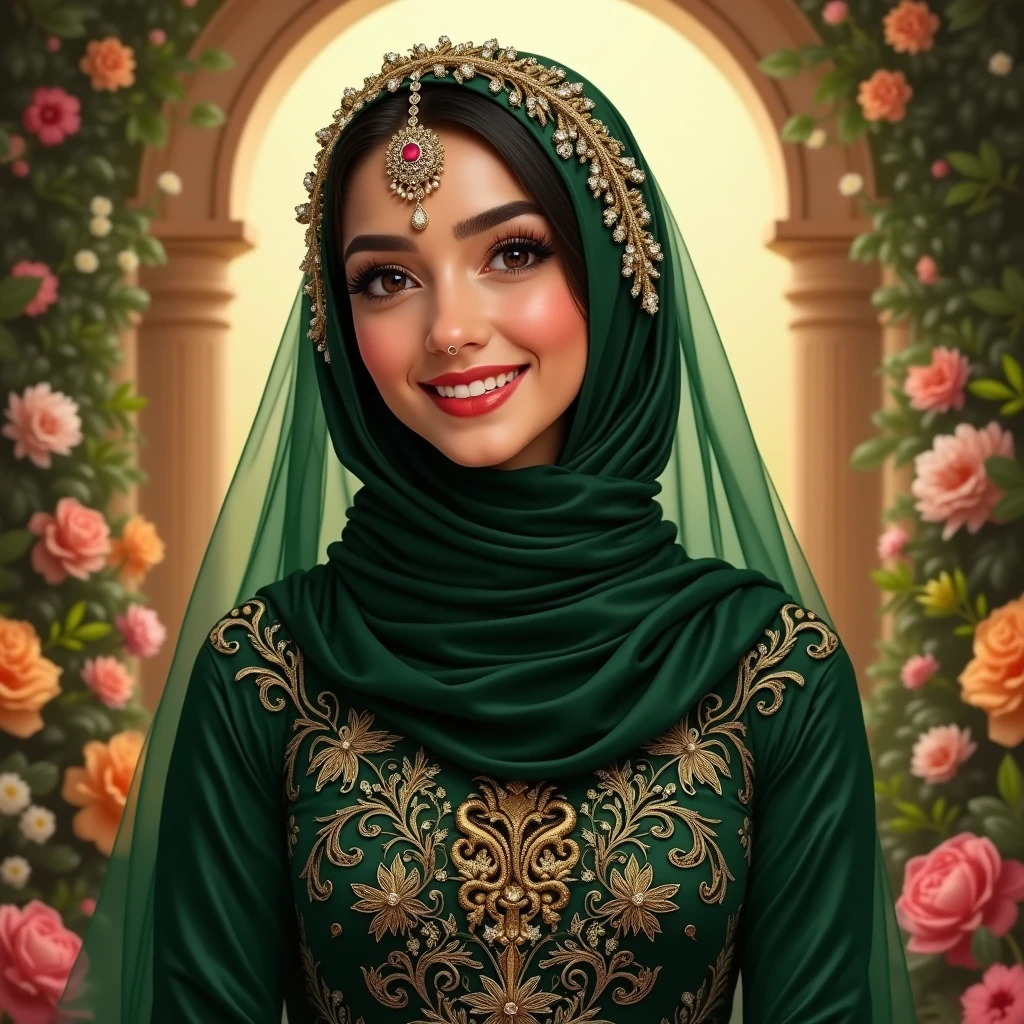 (best quality,4k,8k,highres,masterpiece:1.2),ultra-detailed,(realistic,photorealistic,photo-realistic:1.37),very beautiful girl, arabic descendant, statuesque figure, intricate green hijab and abaya, detailed fingers, middle eastern big door background, subtle smile, oil painting, portraits, vivid colors, warm color tones, soft lighting.