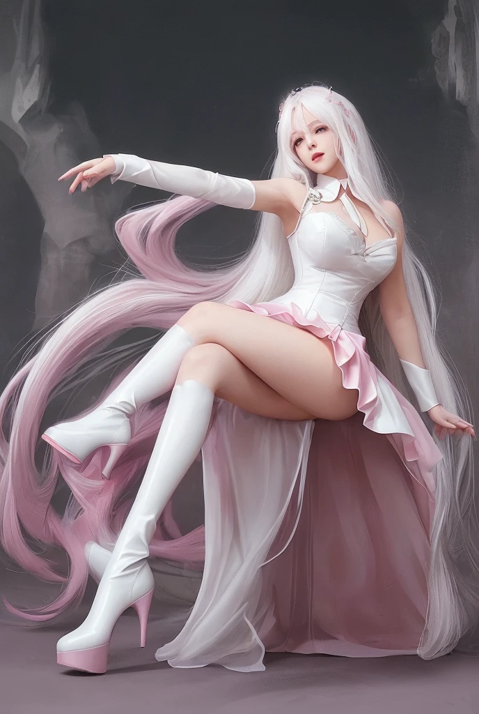 Full body, beautiful eyes, blush, cute face, (1 cute woman, solo: 1.1), very big breasts, long white hair, white dress, white elbow gloves, white high heel boots