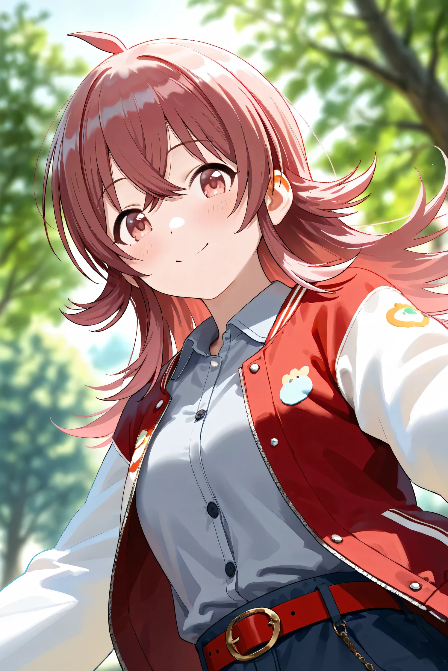 (Masterpiece), (Highest quality), (Very detailed),
(The best shape), (Best Shadow), (Absurd),
(Detailed background), (So beautiful), Shiny ,
Beautiful eyes in every detail, Extraordinary, Countershading, 8k, 32K, High resolution,
Very Detailed CG,
Score_9, Score_8_up, Score_7_up, Source_anime,
(Pastel painting:1.2), (Watercolor painting:1.2),
(Masterpiece, Detailed:1.2), (Foreshortening:1.2),
Cinematic, Dramatic, (Depth of field:1.4),
(Blurry background:1.4), (Realistic background:1.4),
(Foreshortening:1.3),Dynamic angle, From below,
1 girl,
Outdoor, Nature, Park, Wind,
Komiya Kaho, komiya kaho,
the idolmaster shiny colors,
long hair, red hair, red eyes, hair between eyes, ahoge, (medium breasts:0.7),
(Casual wear:1.3),
(Collared shirt:1.1), (Gray shirt:1.3), (Plain shirt:1.1),
Souvenir Jacket, Open jacket, Red jacket, Long sleeves, White sleeves, Plain jacket,
Hot pants, Turquoise hot pants, Belt, Red belt,
Portrait, Focus on face, Close up shot,
(Blush:1.3), Smile, Happy,
Realistic skin, Shiny skin,