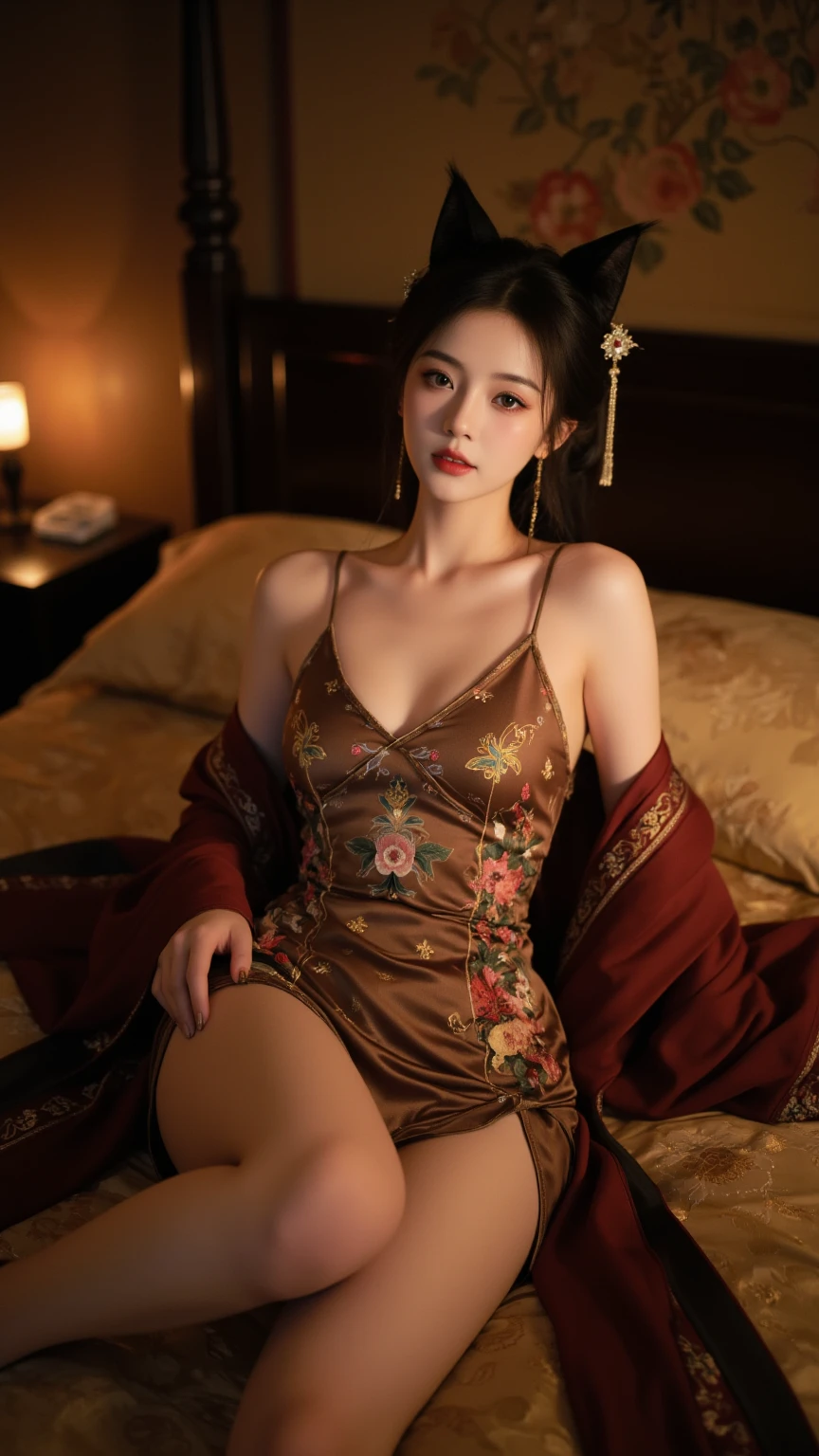 ((natta、Real Light、top-quality、8k picture、​masterpiece:1.3))、Beautiful girl with slender body type:1.4、(Brown hair、huge-breasted:1.8)、(Red cheongsam:1.5),Lying in bed、Open legs、hyperdetailed face、A detailed eye、二重まぶた、Dark eyeliner、huge smile、Beautiful teeth alignment、Look at viewers、耳Nipple Ring、Small necklace、Bracelet、Blushing cheeks、