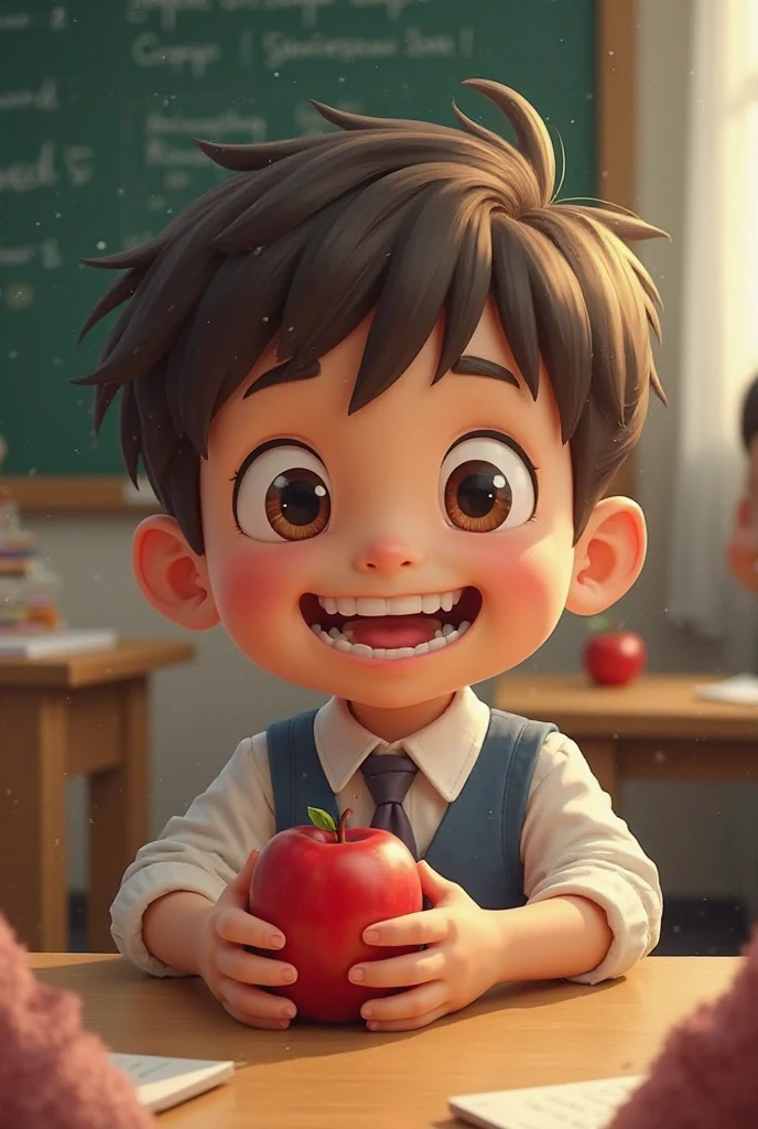 A little boy in a white shirt，red bow，one hand raised，A hand holding a big red apple，ssmile，white backgrounid，cute detailed digital art，Stylized 3D rendering，3D Rendering Character Art 8K，lovely digital painting，Anime style 3D，Super detailed rendering