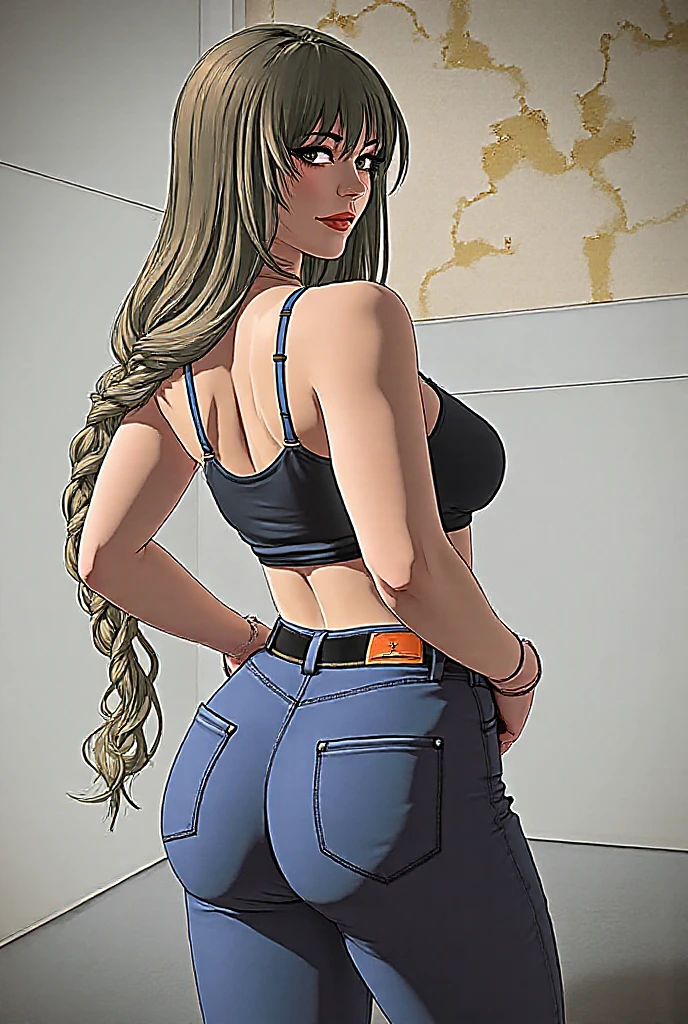 long curly light brown hair.  Large, almond-shaped eyes, intense green.  Slim and elegant figure.  She was wearing worn jeans, a pastel-colored low-cut blouse, and a bomber jacket.  She paired her outfit with white sneakers. Big boobs, big ass, nsfw