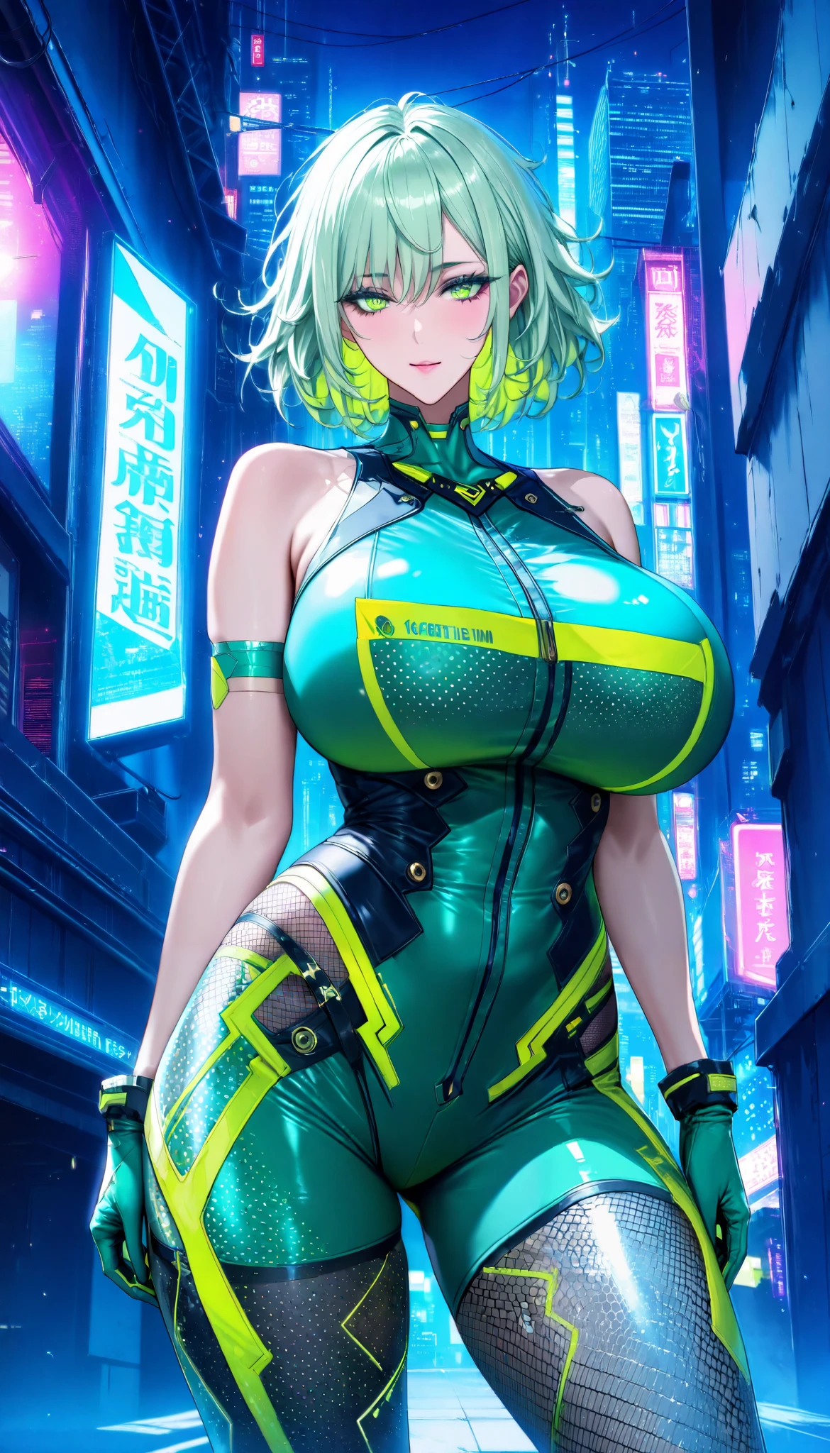 Cyberpunk city background, A woman with a perfect body, Wearing a sleeveless green leather bodysuit(Fishnet legs), There is this green fluorescent pattern on the tights, She stood in a narrow alley, Hands wearing green short gloves,daggers are equipped on the outer thighs of both sides, (Light green Hair, Short hair, Messy Hair), Huge breasts, Upper focus, at night, Dim neon lights, UHD, masterpiece, anatomically correct, textured skin, super detail, best quality, highres, 16k, 1080P