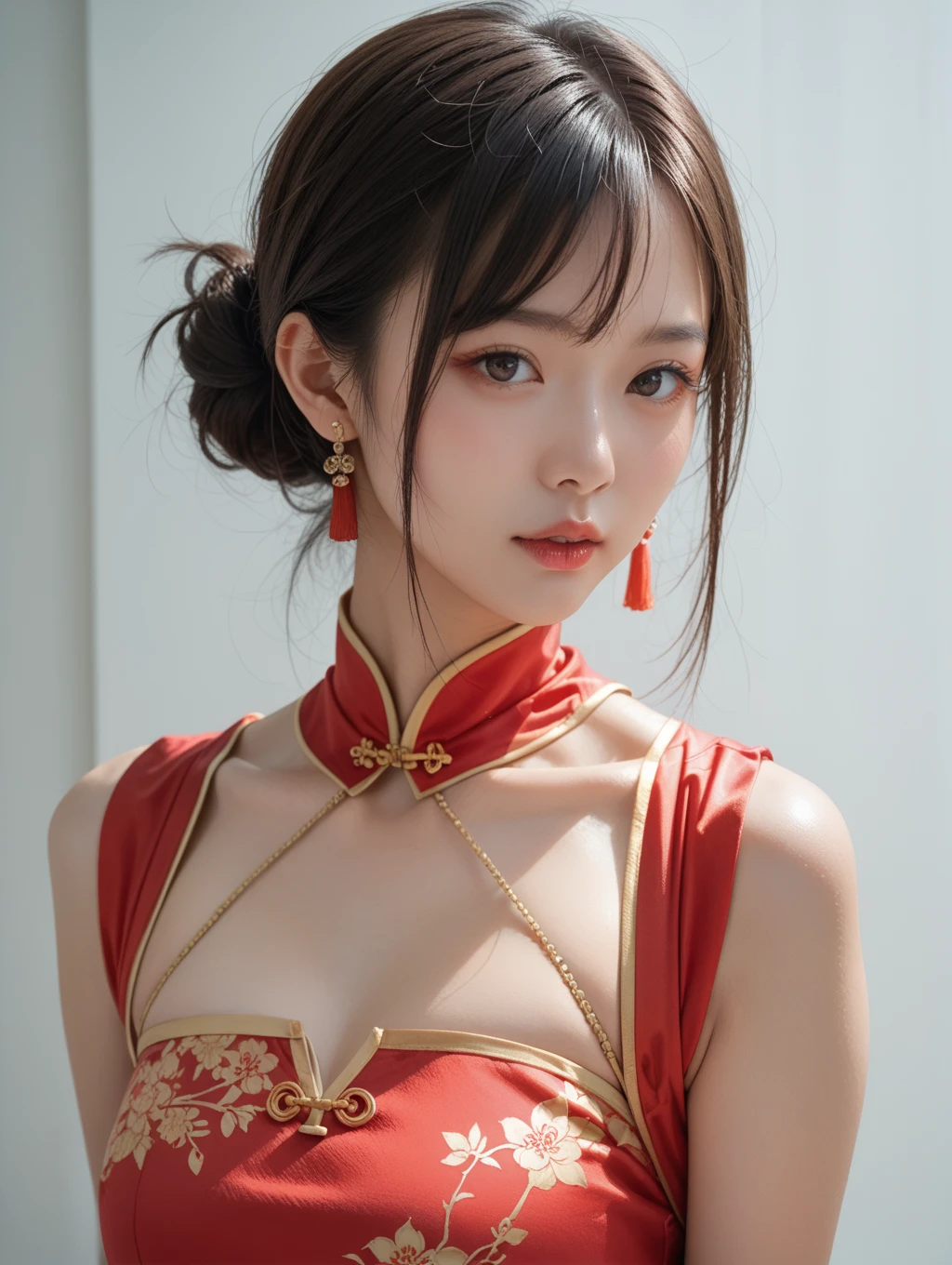 1girl,bush,fashi-girl,china dress,chinese clothes,hair flower,(masterpiece:1.4),(best quality:1.4),(shiny skin),red lips,looking at viewer,big breasts,cleft lip