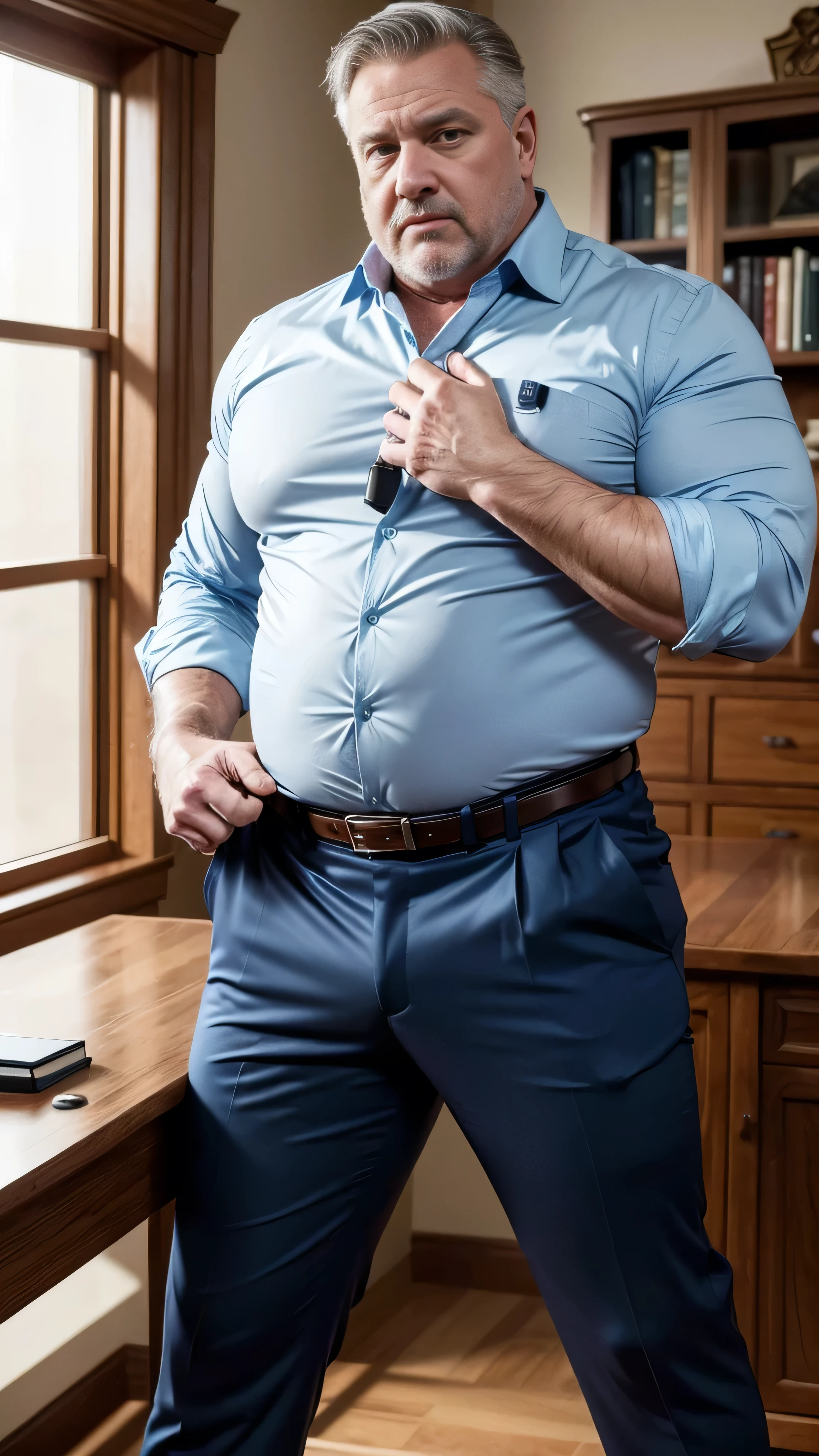 Hyperrealistic image. age 60 muscular chubby kind mature daddy white man boss feel so horny disgusting at office get shirtless Unfasten his Dress Pants with big hard bulge belt have sex