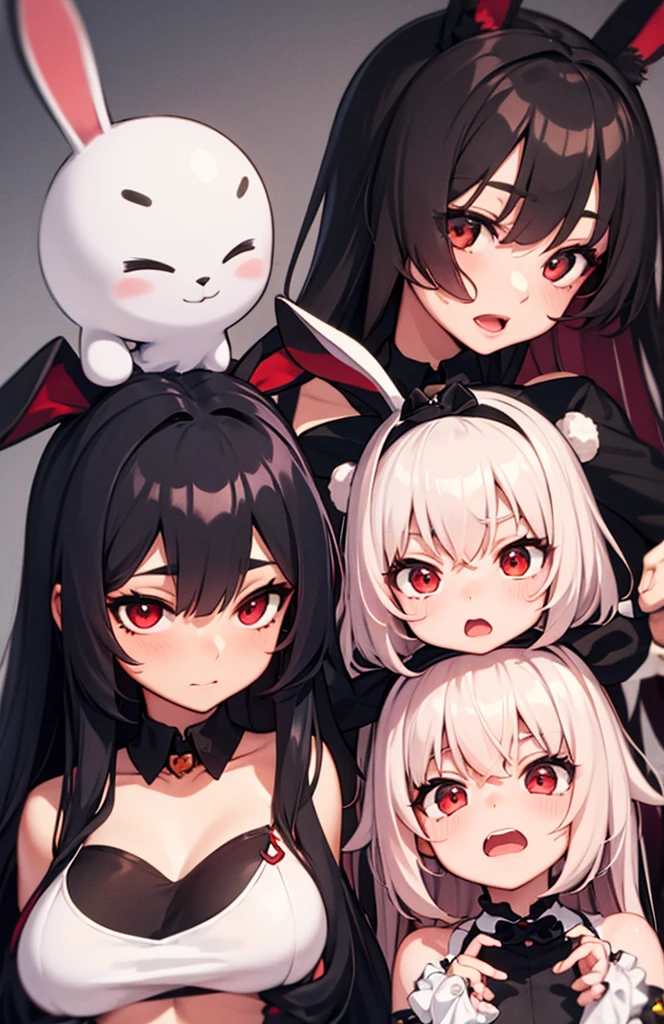 (((solo three girls),
Physical Appearance Cerberus: Cast of Helltaker, a short demon girl with pale skin, red irises, a black arrowhead tail, and silver-white hair. Depicted as 3 girls instead of 1, they have white canine ears emerging from under their hair on top of their heads. They also have small fang-like canine teeth present in their mouths. He wears more form-fitting clothing, wearing long-sleeved red button-up shirts under black-striped suit vests and black skinny suit pants. They wear black cuffs over their red shirts just below the shoulder, as well as black gloves and black ties tucked under their vests. Their tails seem to emerge from under their vests and over their pants. Rear side solar lighting))