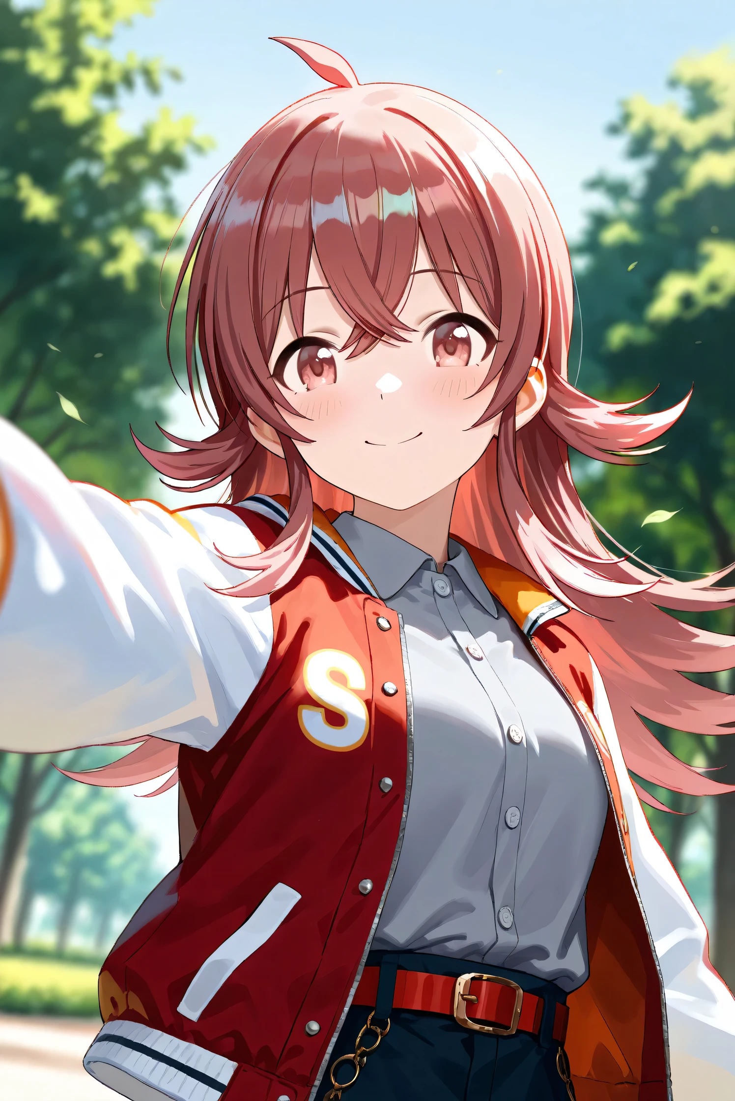 (Masterpiece), (Highest quality), (Very detailed),
(The best shape), (Best Shadow), (Absurd),
(Detailed background), (So beautiful), Shiny ,
Beautiful eyes in every detail, Extraordinary, Countershading, 8k, 32K, High resolution,
Very Detailed CG,
Score_9, Score_8_up, Score_7_up, Source_anime,
(Pastel painting:1.2), (Watercolor painting:1.2),
(Masterpiece, Detailed:1.2), (Foreshortening:1.2),
Cinematic, Dramatic, (Depth of field:1.4),
(Blurry background:1.4), (Realistic background:1.4),
(Foreshortening:1.3),Dynamic angle, From below,
1 girl,
Outdoor, Nature, Park, Wind,
Komiya Kaho, komiya kaho,
the idolmaster shiny colors,
long hair, red hair, red eyes, hair between eyes, ahoge, (medium breasts:0.7),
(Casual wear:1.3),
(Collared shirt:1.1), (Gray shirt:1.3), (Plain shirt:1.1),
Souvenir Jacket, Open jacket, Red jacket, Long sleeves, White sleeves, Plain jacket,
Hot pants, Turquoise hot pants, Belt, Red belt,
Portrait, Focus on face, Close up shot,
(Blush:1.3), Smile, Happy,
Realistic skin, Shiny skin,