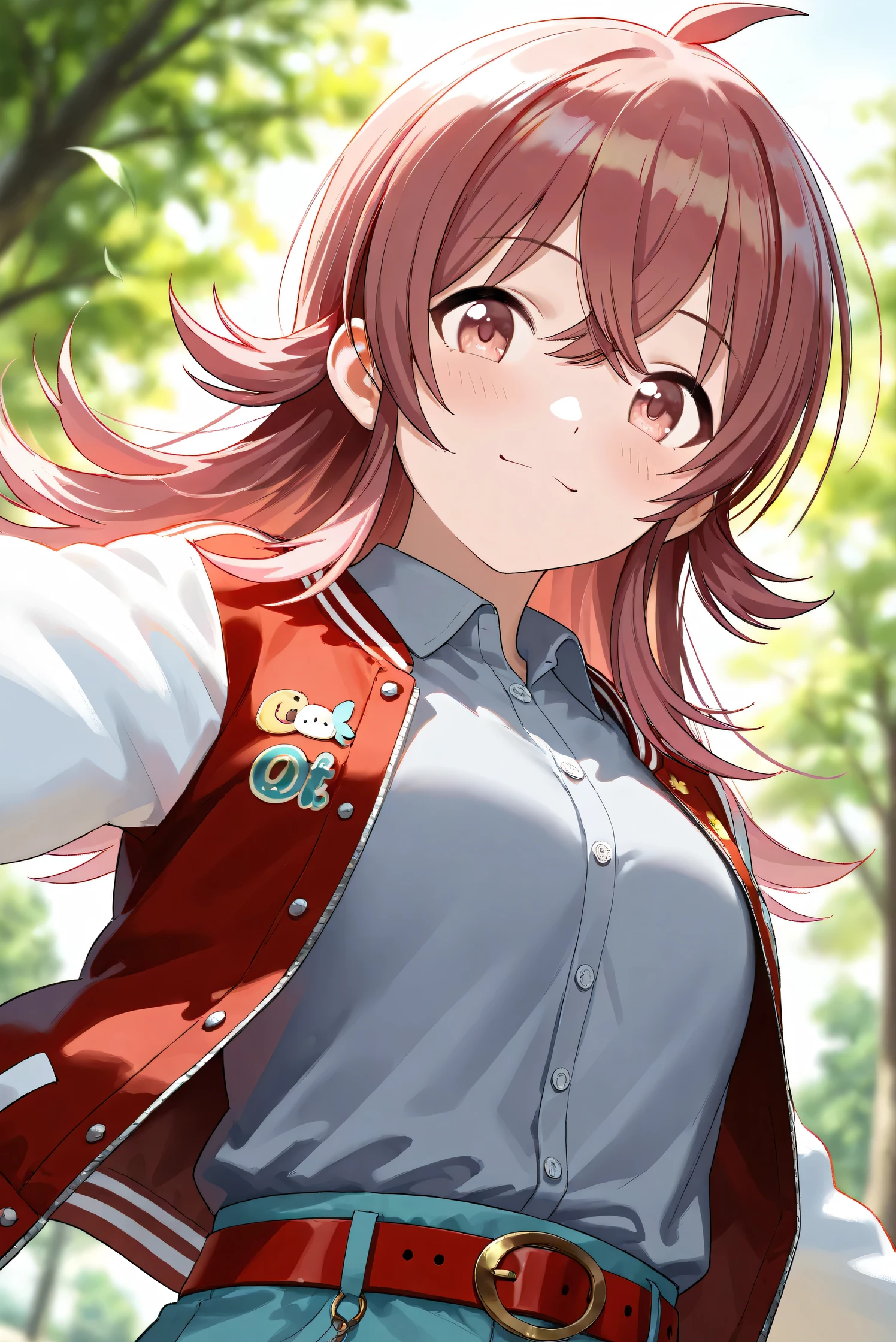 (Masterpiece), (Highest quality), (Very detailed), 
(The best shape), (Best Shadow), (Absurd), 
(Detailed background), (So beautiful), Shiny , 
Beautiful eyes in every detail, Extraordinary, Countershading, 8k, 32K, High resolution, 
Very Detailed CG,

Score_9, Score_8_up, Score_7_up, Source_anime, 
(Pastel painting:1.2), (Watercolor painting:1.2),
(Masterpiece, Detailed:1.2), (Foreshortening:1.2),

Cinematic, Dramatic, (Depth of field:1.4),
(Blurry background:1.4), (Realistic background:1.4),
(Foreshortening:1.3),Dynamic angle, From below,
1 girl,
Outdoor, Nature, Park, Wind,

Komiya Kaho, komiya kaho,
the idolmaster shiny colors,
long hair, red hair, red eyes, hair between eyes, ahoge, (medium breasts:0.7),

(Casual wear:1.3), 
(Collared shirt:1.1), (Gray shirt:1.3), (Plain shirt:1.1),
Souvenir Jacket, Open jacket, Red jacket, Long sleeves, White sleeves, Plain jacket,
Hot pants, Turquoise hot pants, Belt, Red belt,

Portrait, Focus on face, Close up shot,
(Blush:1.3), Smile, Happy,
Realistic skin, Shiny skin,