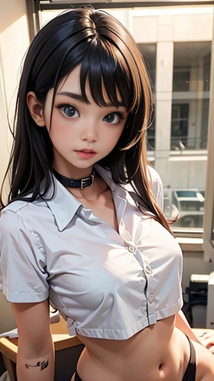 (masterpiece, Highest quality), One girl, 22 years old, Sleeveless bandeau sweater with lace、High-waisted skirt with slit, Long skirt with slit,In the office、Sitting in a chair working on a computer、