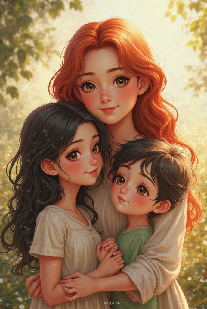 A black hair asian women wearing dress is holding hand with long red hair mature asian women age 3 with big breast wearing singlet and her two besides her age 7 and 4