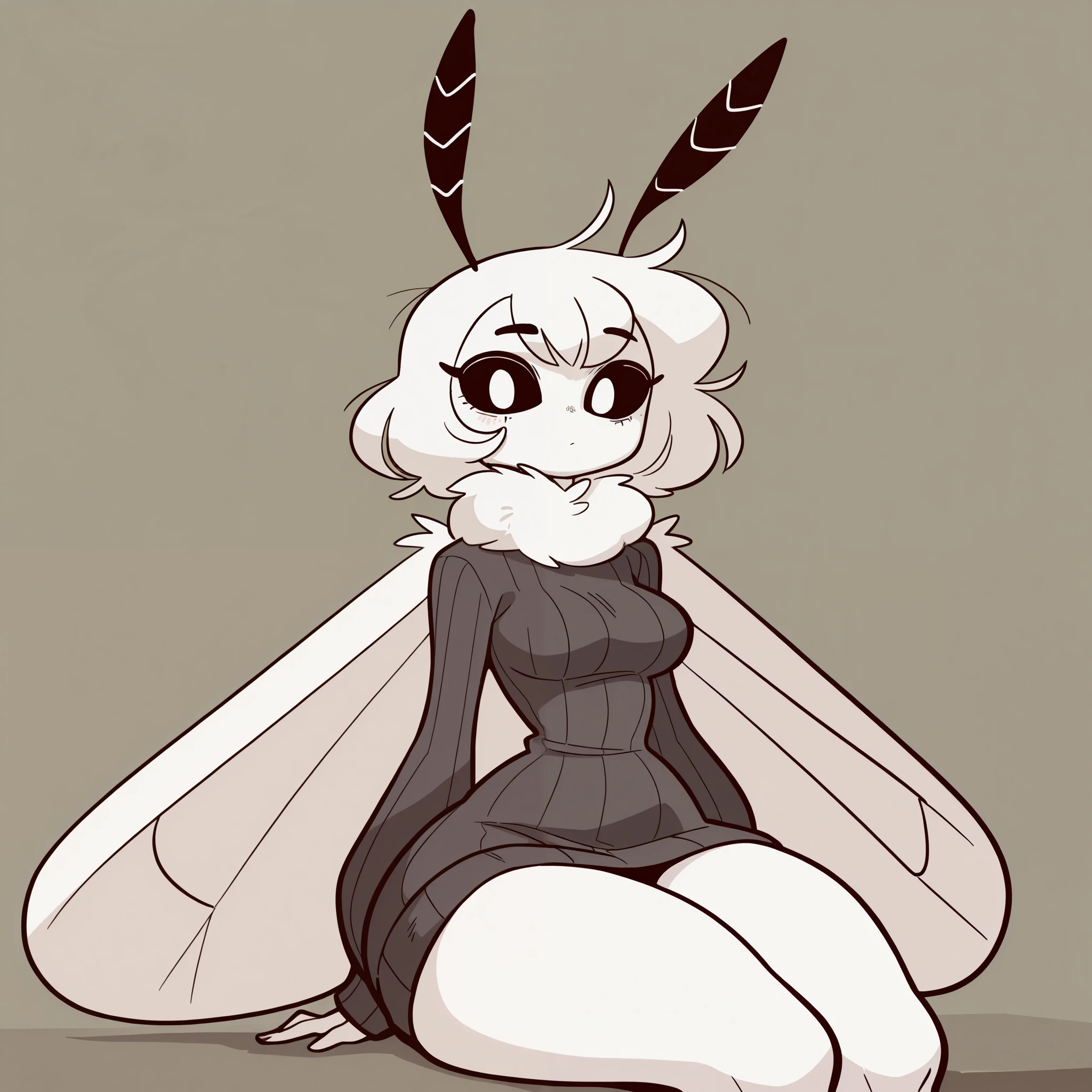 1girl, solo, monster girl, moth, short messy white hair, black sclera, white eyes, medium breasts, wide hips, thick thighs, moth wings, antennae, white fur collar, pale skin, black ribbed oversized sweater, blushed, expressionless, sitting, looking at viewer, simple background, from the front view, diives