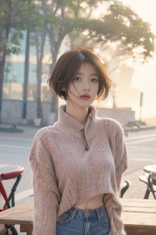 gal girl, single, the best quality t, upper body, beatiful, pretty, radiantly, Breasts Large,Pink short hair,(- Clothing), (Oversized Sweater), (-), (Leggings ), (Turtleneck Neckline), ((Outdoor Setting background)), (middle shot), beautiful hands, two hands, Normal hand, two arms, complete hands, beautiful body, Beautiful Fingers, normal fingers, five fingers, five fingers, beautiful ears, normal ears, pretty eyes, shiny eyes, beautiful mouth, beautiful lips,