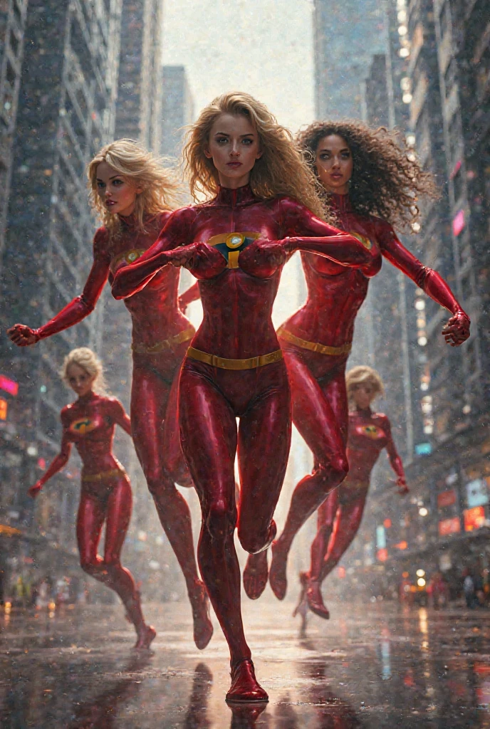 Create female superheroes transportation for 5 superheroes, she wearing high heels which can teleport to everywhere just walk and full turn