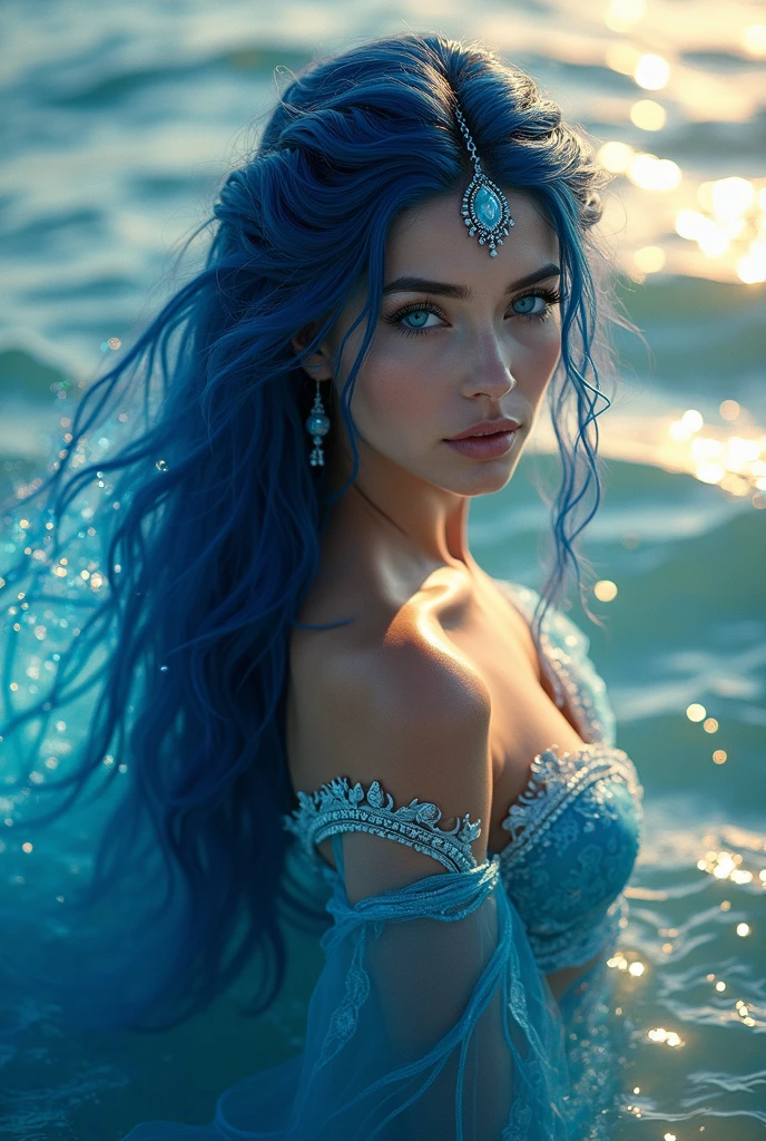 ( high quality , Super detailed, Watch your hands )Zodiac sign - Goddess of Sagittarius , Similar to the goodness of Latin . Optimistic, fair, Funny and intelligent face . recklessness, Ruthless, impatient, Overconfident style . Dark blue eyes (Eye details) , Sparkling deep blue hair , Transparent dress , In the sea of shining stars , whole body , Fire makeup look , God Chiron