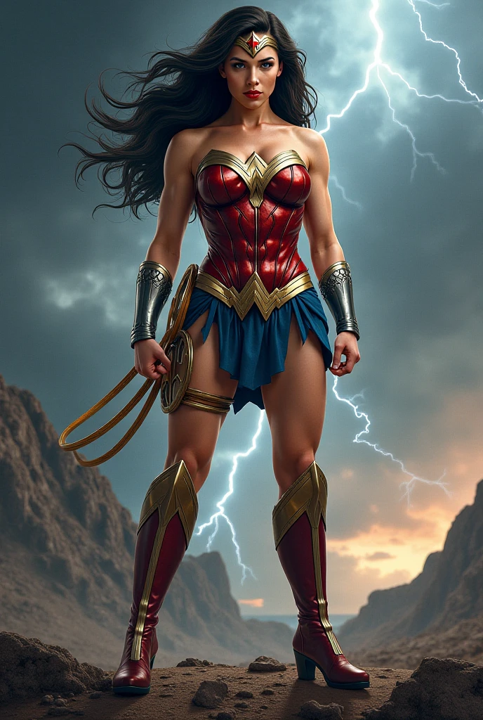 ((highest quality)), (8k, very detailed, full-length frame, high-detail RAW color art, masterpiece: 1.2), (realistic and realistic photo: 1.37), dramatic lighting rendering, dynamic angles, plotting, photon mapping, physics-based rendering, a lot of silver steel is inlaid on both walls, Wonder Woman, Wonder Woman pushing both walls with open arms, pushing against a wall with the palm fully extended, palm touching both walls, open mouth, frown, heavy breathing, endured face, eyes looking left, (intricate details, makeup), (delicate and beautiful delicate face, delicate and beautiful delicate eyes, perfectly proportioned face), (realistically moist skin: 1.0), (drenched body: 1.0), (wet skin), wet hair, delicate skin, strong and realistic blue eyes, realistic black hair, lips, makeup, natural skin texture, tiara, leotard, bulletproof gauntlets, (red boots), golden girdle with golden growing lope attached under it, slightly sunburned skin tone, mature, sexy, elastic muscles, (muscle:1.2), ((strong and healthy body)), (((((more) muscles))), long legs, curves, thick thighs, wide buttocks, thin legs, (big breasts: 1.2), thin waist, soft waist, (delicate skin), (beautiful and sexy woman), (swollen lips: 0.9), (eyelashes: 1.2), very delicate muscles definition,