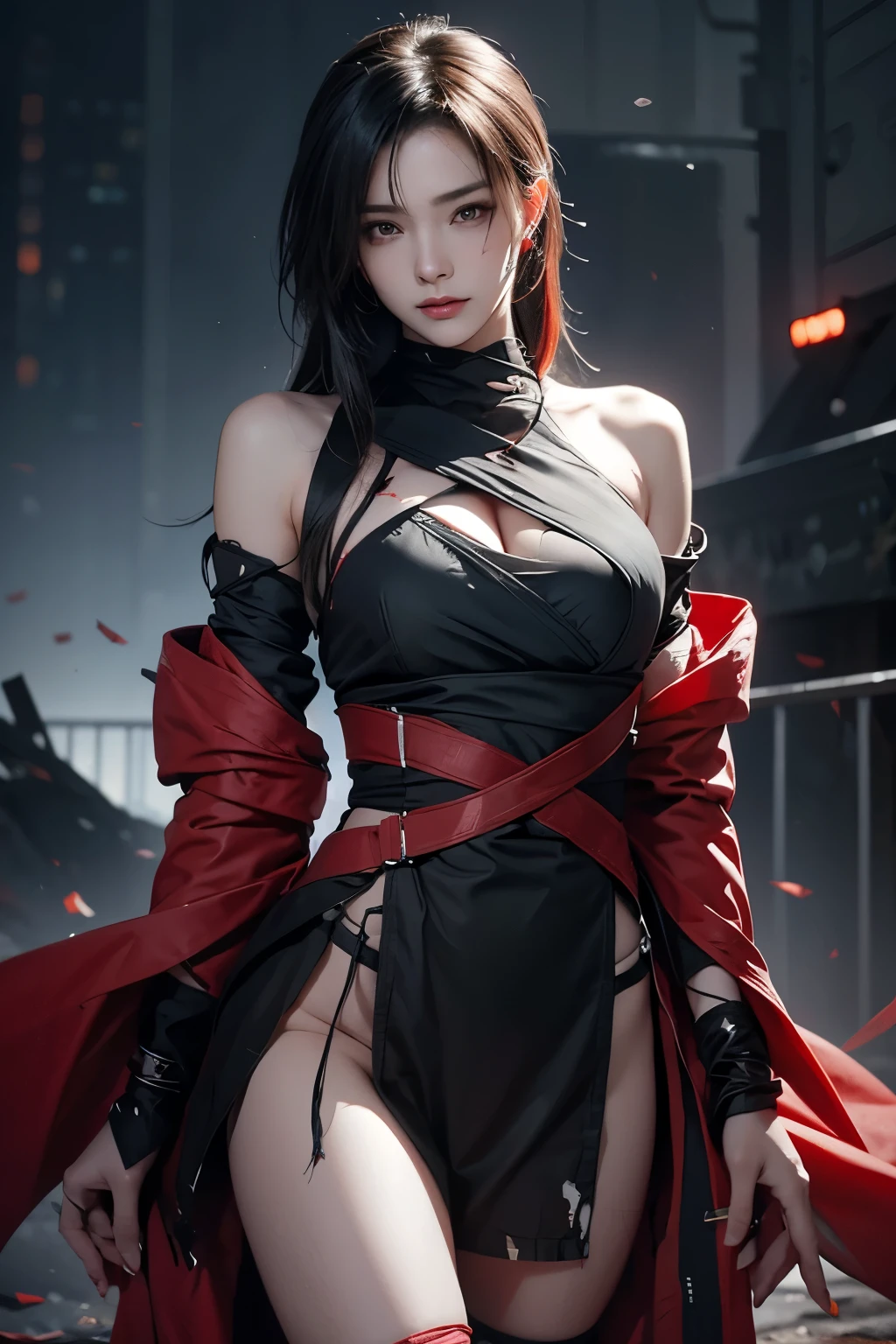 Ninja with long black hair, red streaks of hair, ultra high quality,high res, beautiful,sexy, ninja outfit