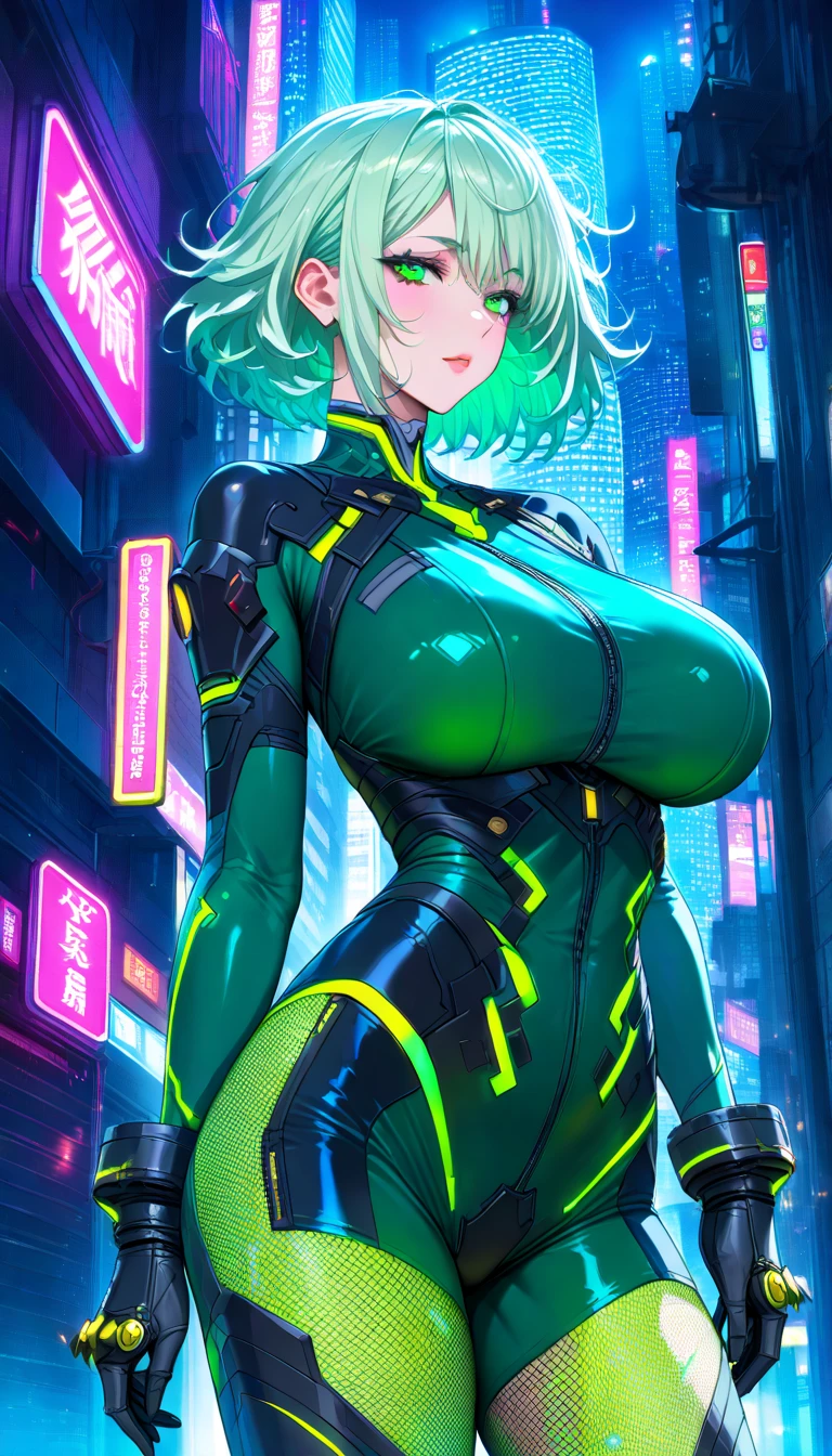 Digital painting of a woman with green plant hair，Cyberpunk Art，Josan Gonzalli Hans Contest Winner，afro futurism，synthetic wave，Neon light，Glowing neon lights，((Huge breasts :1.5))ｖ