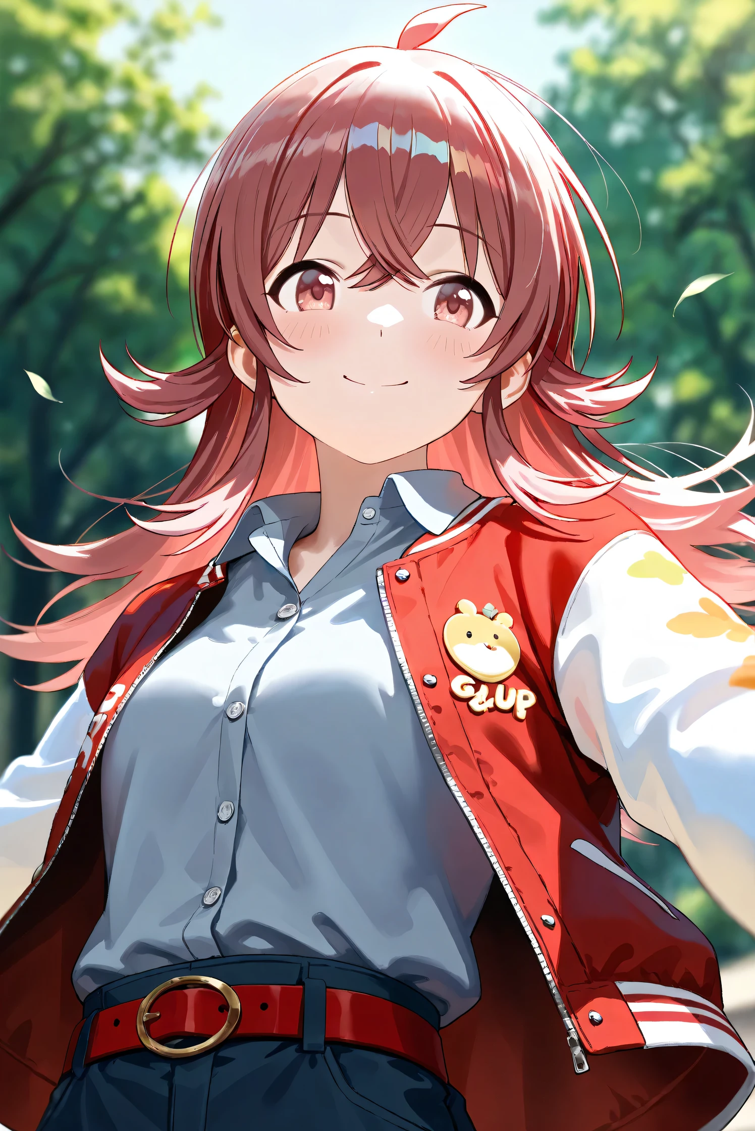 (Masterpiece), (Highest quality), (Very detailed),
(The best shape), (Best Shadow), (Absurd),
(Detailed background), (So beautiful), Shiny ,
Beautiful eyes in every detail, Extraordinary, Countershading, 8k, 32K, High resolution,
Very Detailed CG,
Score_9, Score_8_up, Score_7_up, Source_anime,
(Pastel painting:1.2), (Watercolor painting:1.2),
(Masterpiece, Detailed:1.2), (Foreshortening:1.2),
Cinematic, Dramatic, (Depth of field:1.4),
(Blurry background:1.4), (Realistic background:1.4),
(Foreshortening:1.3),Dynamic angle, From below,
1 girl,
Outdoor, Nature, Park, Wind,
Komiya Kaho, komiya kaho,
the idolmaster shiny colors,
long hair, red hair, red eyes, hair between eyes, ahoge, (medium breasts:0.7),
(Casual wear:1.3),
(Collared shirt:1.1), (Gray shirt:1.3), (Plain shirt:1.1),
Souvenir Jacket, Open jacket, Red jacket, Long sleeves, White sleeves, Plain jacket,
Hot pants, Turquoise hot pants, Belt, Red belt,
Portrait, Focus on face, Close up shot,
(Blush:1.3), Smile, Happy,
Realistic skin, Shiny skin,