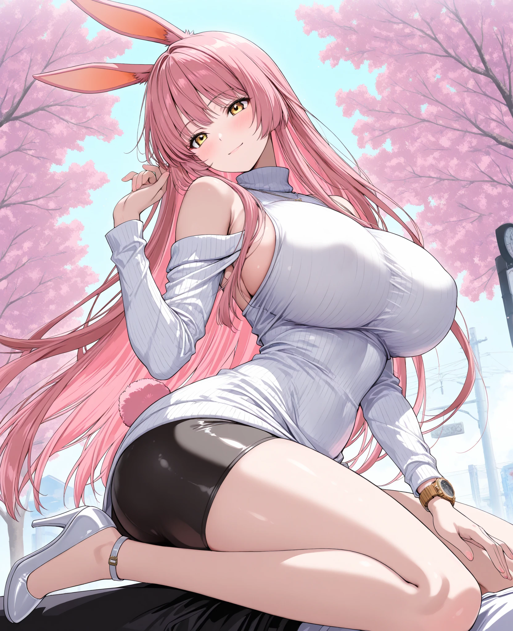 Highest quality,masterpiece, Highest Resolution, 1 girl, 1 boy, nsfw, full naked,outdoor, city, pink nipple, blush,penis in pussy, funny packing,horse ears, horse tail