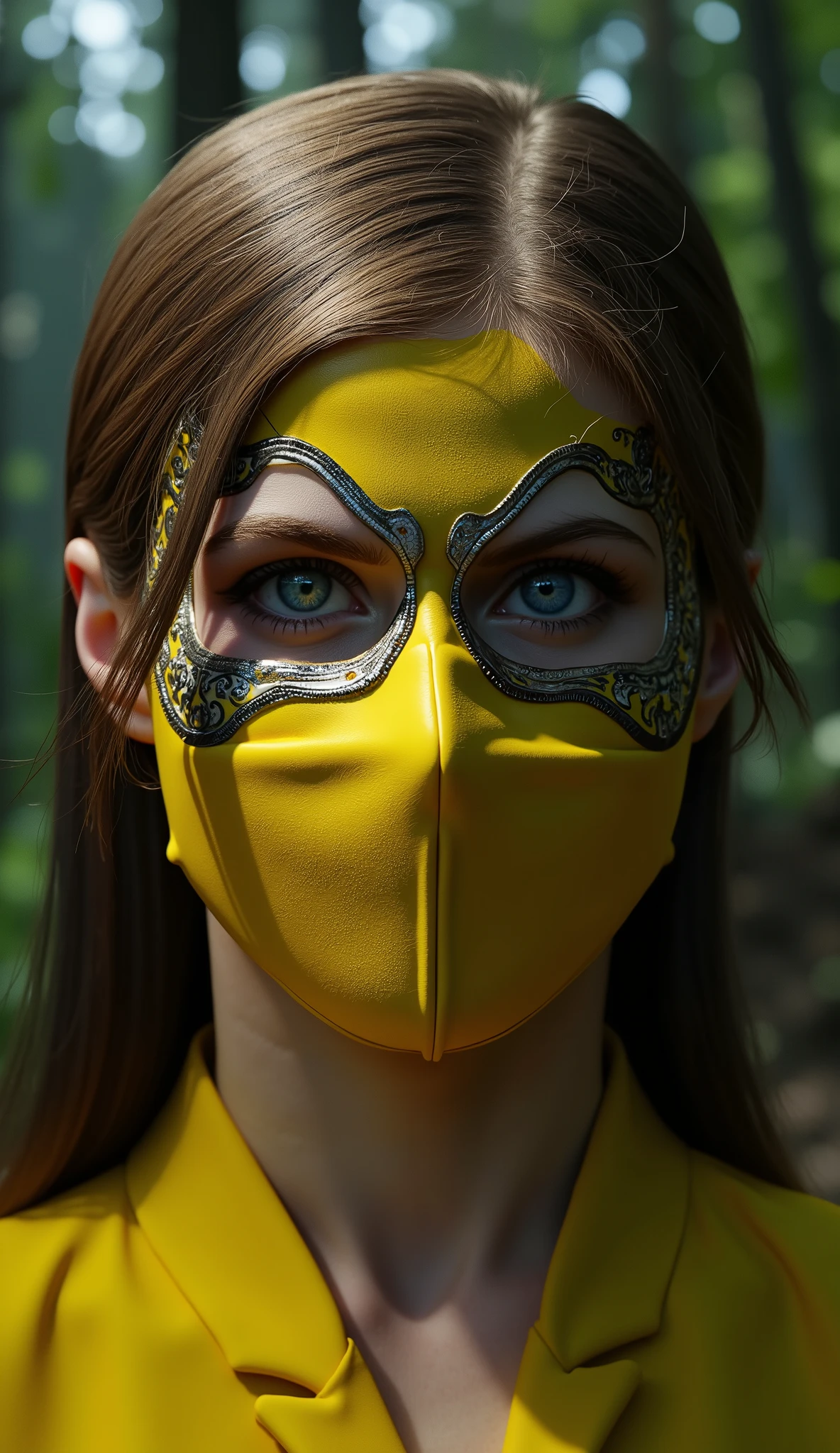 Hyper-realistic photographic style. Like Tanya Mortal Kombat. close-up do rosto. Extremely realistic yellow mask with silver details closed in the mouth loose hair. flawless skin texture. Bottom: dense forest, Greg Rutkowski style . dramatic lighting. 8k. 8k, rendered on Unreal Engine 5, Bottom realista, Ultra-detailed Textures , cinematographic lighting