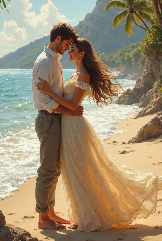 The cover features a nighttime image of a seaside beach. The sky is dark, But there's stars shining and a crescent moon. Na praia, There are two characters, Julia e Romeo. They are holding hands, Looking at each other with loving expressions. Julia is wearing a light dress, and Romeo holds a set of paint brushes. Ao redor deles, There are red rose petals. The title "Drifting Hearts" It's written in pretty letters at the top of the cover, em uma cor dourada.