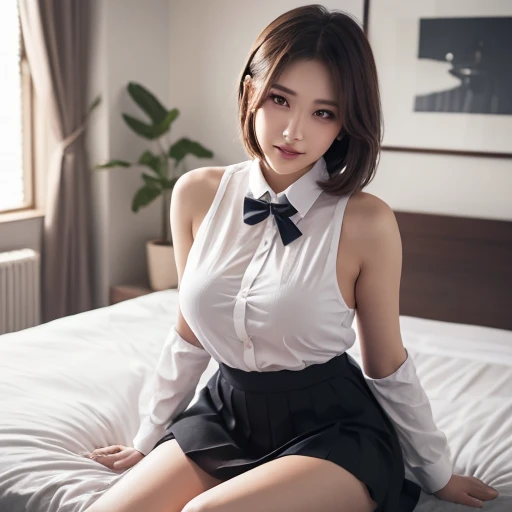 (Highest quality: 1.5), (Realistic: 1.5), (1 person: 1.5), Highly detailed, High resolution, 8k, slightly saggy medium breasts, Natural colored lips, Cute smile, Japanese woman, 20 year old girl, beautiful and graceful features, perfect and beautiful face, balanced big eyes, brunette eyes, beautiful and graceful features, natural double eyelids, natural bangs, beautiful thin nose, beautiful skin, medium bob hair , natural bangs , perfect and beautiful face, slim face and figure, blue summer sky, socks, (looking at the camera with a sweet smile), bright lighting, professional lighting, forward lighting, beautiful legs: 1.2, smooth skin, slender body, slim waistline, slim thin thighs, cleavage, detailed clothes, ((Wear a shirt with the front button open)), ((Pleated micro mini skirt)), plaid pleated micro mini skirt, (wear a bra with lace), Beautiful breasts, beautiful cleavage, (bra visible through white shirt), Sitting on a luxury bed, Bedroom with large windows, lingerie with lace,