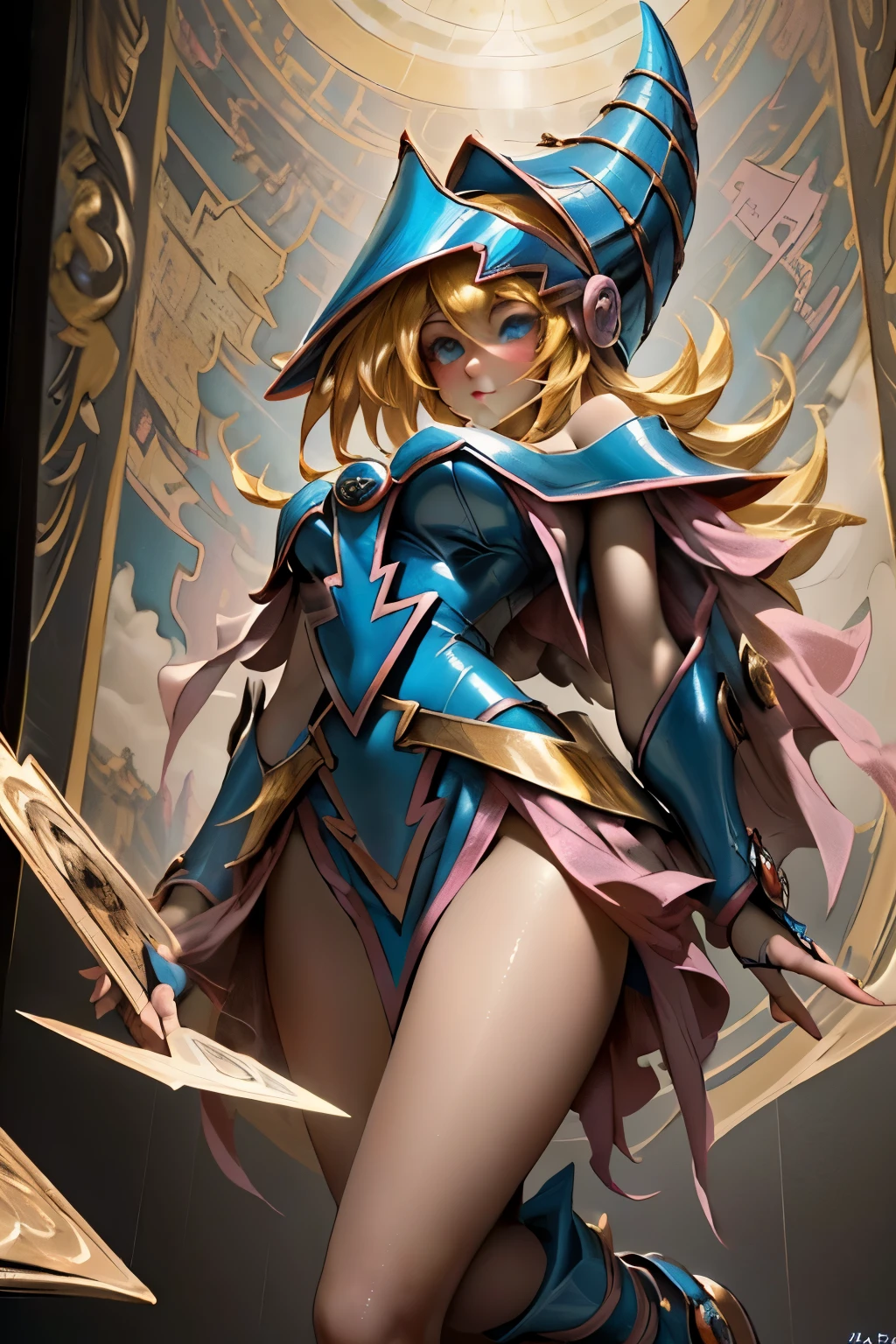 (Masterpiece:1.2), (The best quality:1.2), Perfect lighting, Dark Magician Girl casting a spell, in battle. floating in the air, visible medium tits, transparent neckline, blue robe, big hat, From above, sparkles, Yugioh game, The magic of the heart. LIGHTS OF THE HEART, Romantic heart. She wears heels. has heels. Wear heels