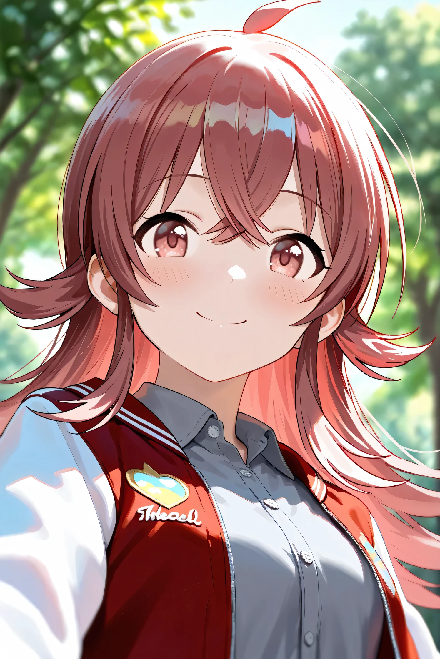 (Masterpiece), (Highest quality), (Very detailed),
(The best shape), (Best Shadow), (Absurd),
(Detailed background), (So beautiful), Shiny ,
Beautiful eyes in every detail, Extraordinary, Countershading, 8k, 32K, High resolution,
Very Detailed CG,
Score_9, Score_8_up, Score_7_up, Source_anime,
(Pastel painting:1.2), (Watercolor painting:1.2),
(Masterpiece, Detailed:1.2), (Foreshortening:1.2),
Cinematic, Dramatic, (Depth of field:1.4),
(Blurry background:1.4), (Realistic background:1.4),
(Foreshortening:1.3),Dynamic angle, From below,
1 girl,
Outdoor, Nature, Park, Wind,
Komiya Kaho, komiya kaho,
the idolmaster shiny colors,
long hair, red hair, red eyes, hair between eyes, ahoge, (medium breasts:0.7),
(Casual wear:1.3),
(Collared shirt:1.1), (Gray shirt:1.3), (Plain shirt:1.1),
Souvenir Jacket, Open jacket, Red jacket, Long sleeves, White sleeves, Plain jacket,
Portrait, Focus on face, (Close up shot:1.2),
(Blush:1.3), Smile, Happy,
Realistic skin, Shiny skin,