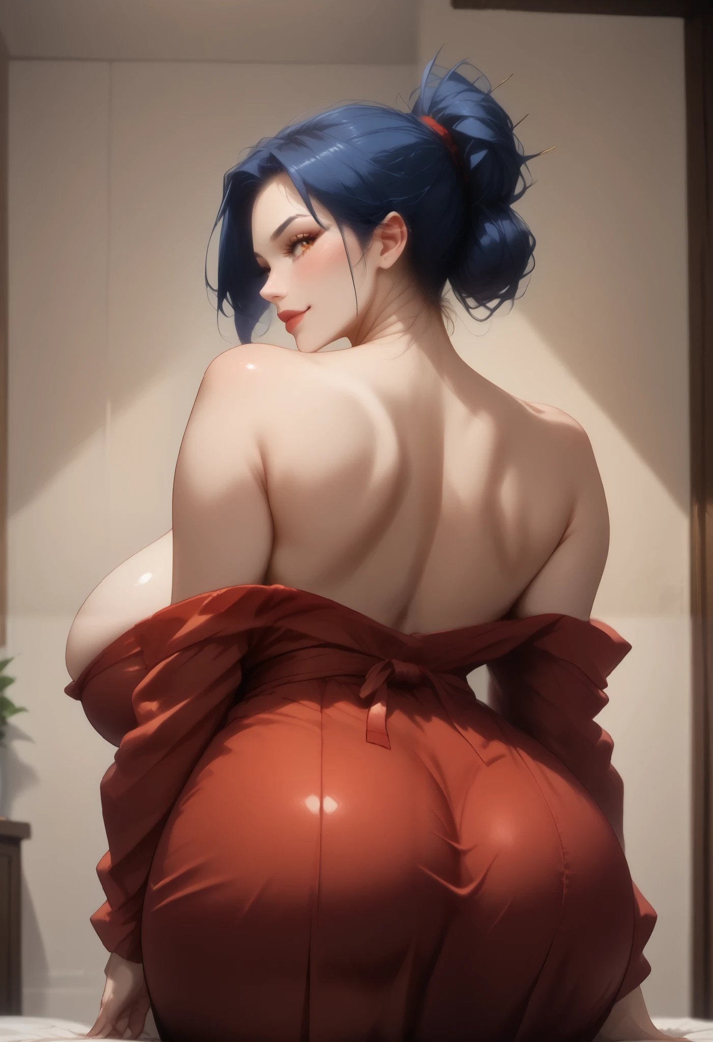 highly detailed skin texture, finely detailed hair, perfect face, perfect body, perfect hair, perfect anatomy, portrait, dynamic angle, wide view, wide-angle lens, extremely detailed, CG, 8k Amazing, finely detail)), (intricate details, depth of field), 8k UHD, (masterpiece, best quality),(amazing quality,very aesthetic,absurdres,best quality,newest, masterpiece)), ultra detailed, best quality, beautiful face, perfect anatomy, anatomically correct, athletic sexy body, Expressiveh, (cute face, cute body))), (((girl ,Manyuu Chifusa, (((chifusa)))), dark blue hair, yellow eyes, hyper breasts, massive hyper lips, closed mouth, ponytail, red clothes, red kimono, cleavage, sarashi, bursting breasts,))), ((large breasts, slim sexy body, curvy hips, seductive pose, flirting, naughty face, blush)), (((looking at viewer, happy smile, joy, cowboy shot, dynamic pose)))), curvy, toned, athletic, standing, hands on hip, (((seductive pose, sexy pose, cowboy pose)), indoors,((hourglass figure)), ((pinup pose, seductive pose,dynamic pose, seductive), ((precise face and eyes:1)) , (((grabbing another's breasts, deep grab, deep skin, partially lifting shirt, erect nipples, curvy, narrow waist, kneeling, looking to the viewer, close up, screencap))), sly smile,bedroom, (on side), facing away, looking back, ass, fit, mature, panties, side-tie panties, lace, low angle, close-up, laying on stomach, anus, looking at viewer,