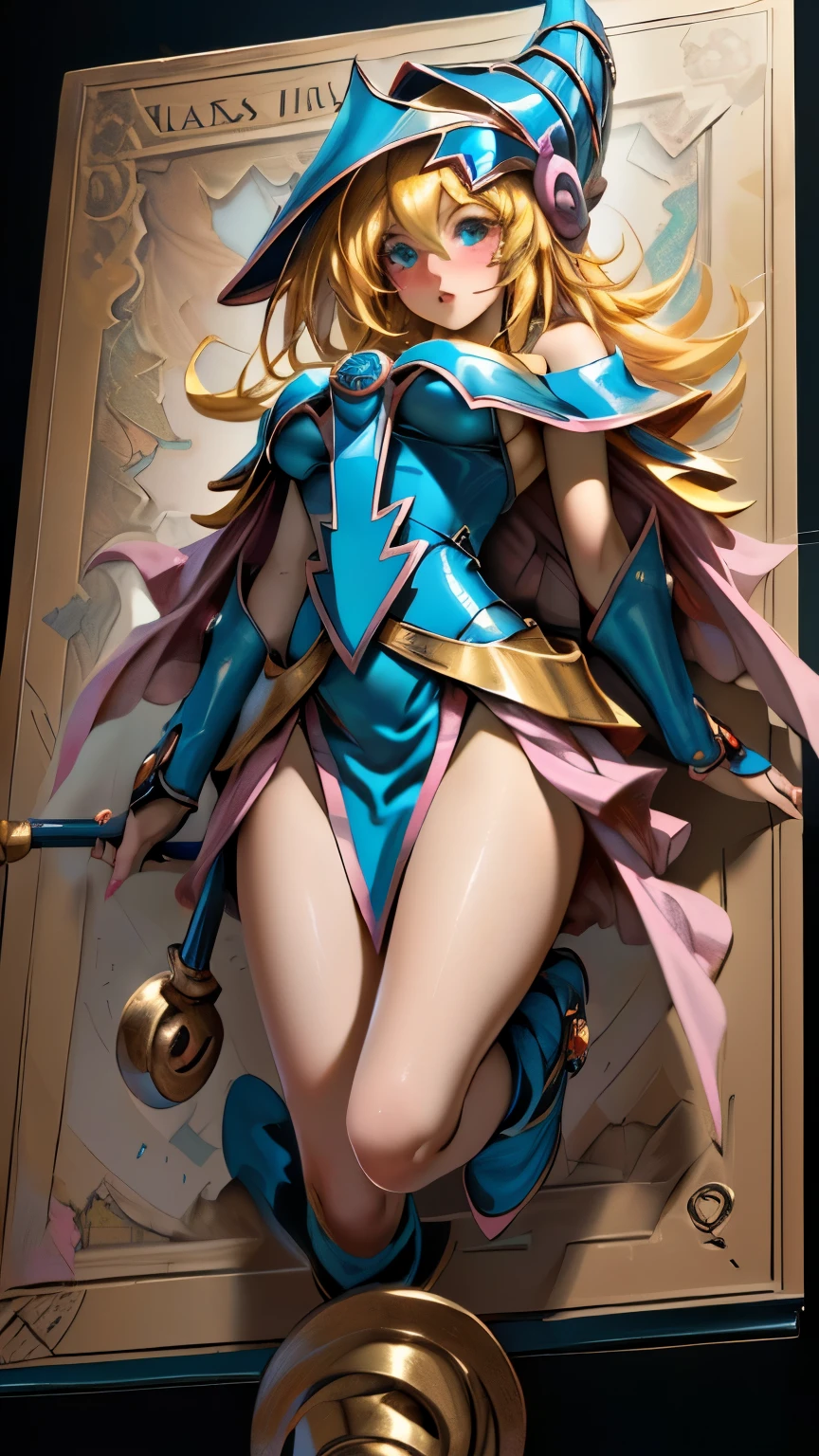 dark magician gils. Cabello rubio extra largo. Ojos verdes. magic circle background. Pose sensual y sejustiva.