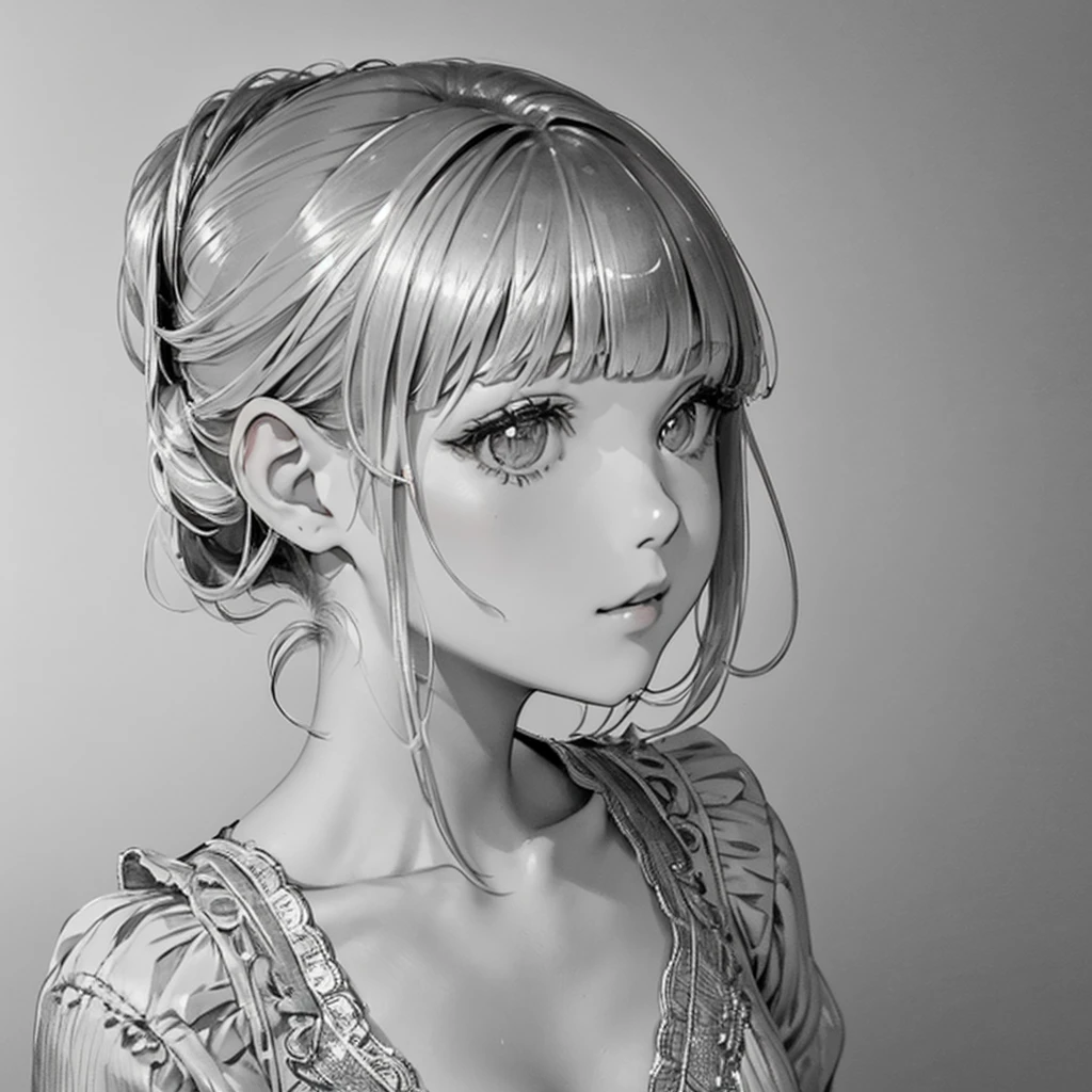 finest image, portrait, line drawing, art, illustration, monochrome, no color, very cute pixie cut girl, background white, red strawberries and petals, professional lighting